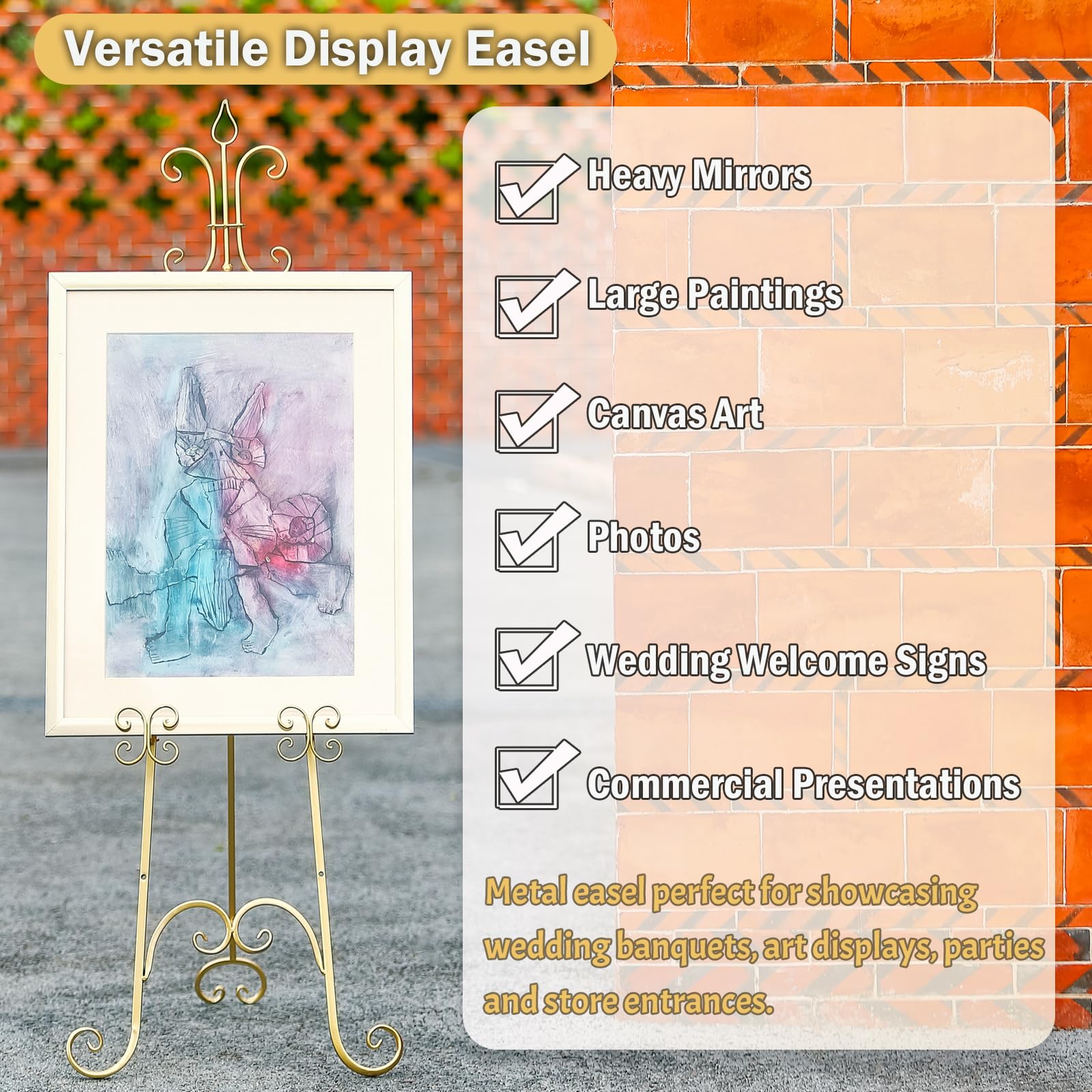 Cavalletto grande per esposizione, altezza regolabile, in metallo dorato, con supporto a catena, cavalletto resistente per specchio, cartelli, matrimoni, cornici (non richiede installazione)