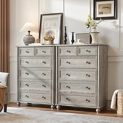 Farmhouse 6 Drawer Dresser Set of 2, Grey Chest of Drawers, 43.5" Tall Dressers for Bedroom with Roman Column and Metal Handles, Rustic Wood Storage Organizer for Living Room, Hallway, Closet