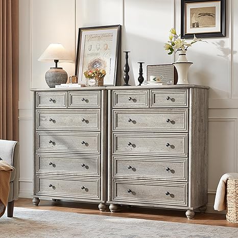 Farmhouse 6 Drawer Dresser Set of 2, Grey Chest of Drawers, 43.5" Tall Dressers for Bedroom with Roman Column and Metal Handles, Rustic Wood Storage Organizer for Living Room, Hallway, Closet