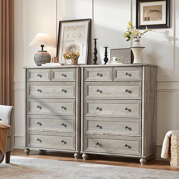 Farmhouse 6 Drawer Dresser Set of 2, Grey Chest of Drawers, 43.5" Tall Dressers for Bedroom with Roman Column and Metal Handles, Rustic Wood Storage Organizer for Living Room, Hallway, Closet