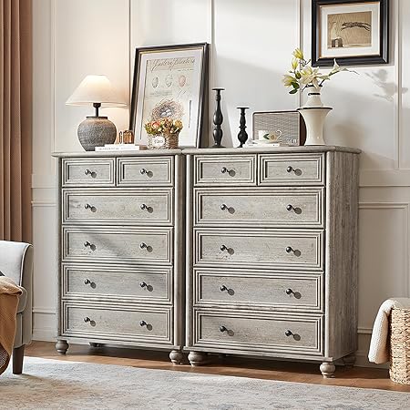 Farmhouse 6 Drawer Dresser Set of 2, Grey Chest of Drawers, 43.5" Tall Dressers for Bedroom with Roman Column and Metal Handles, Rustic Wood Storage Organizer for Living Room, Hallway, Closet