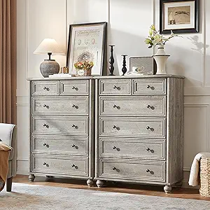 Farmhouse 6 Drawer Dresser Set of 2, Grey Chest of Drawers, 43.5" Tall Dressers for Bedroom with Roman Column and Metal Handles, Rustic Wood Storage Organizer for Living Room, Hallway, Closet