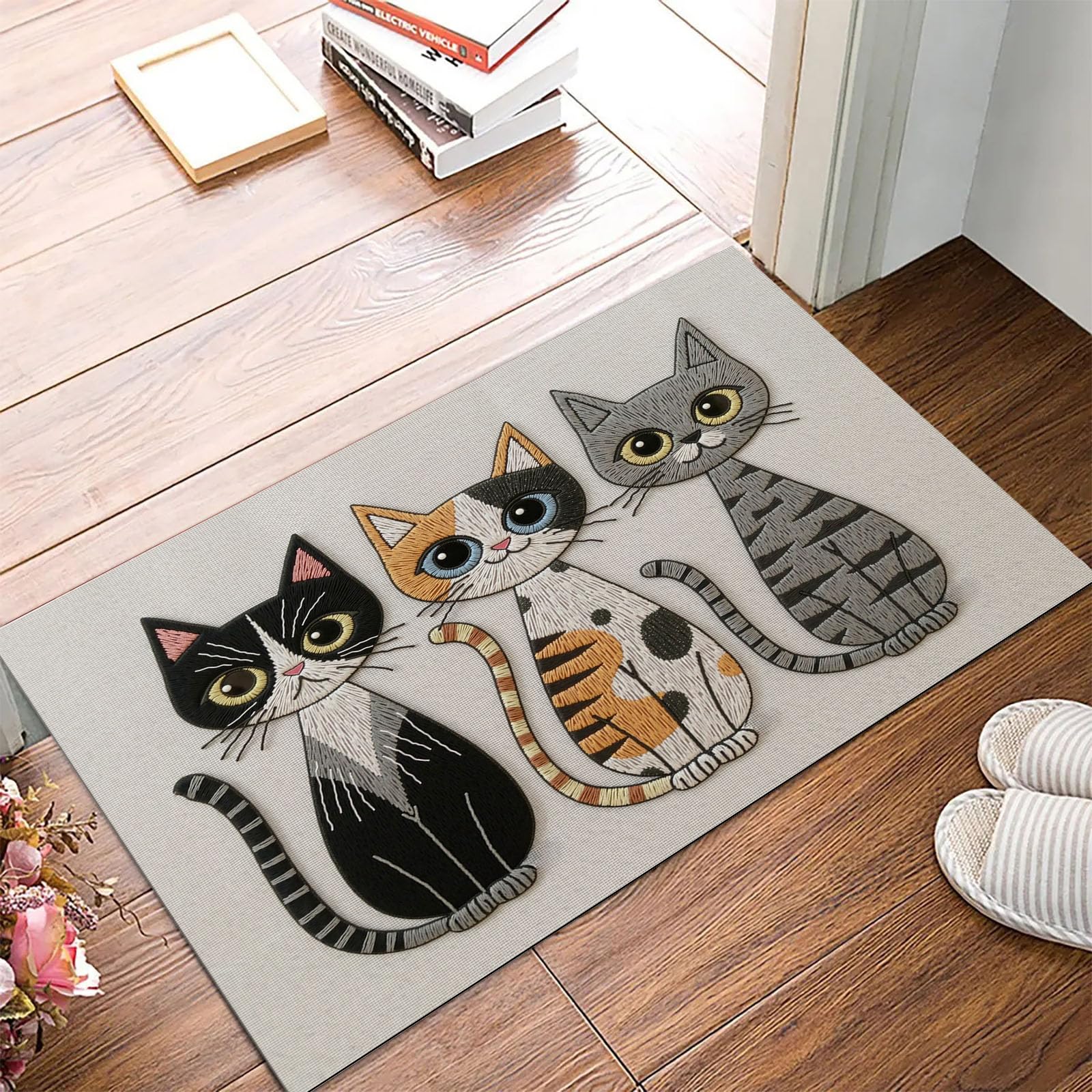 Fussmatte Innen 80X120Cm Beige Niedliches Katzenmotiv Fußmatte Innen rutschfeste Für Hund Eingang Badematte Gestickte Tiertextur Waschbar Schmutzfangmatte Fussmatten Haustür Türmatte