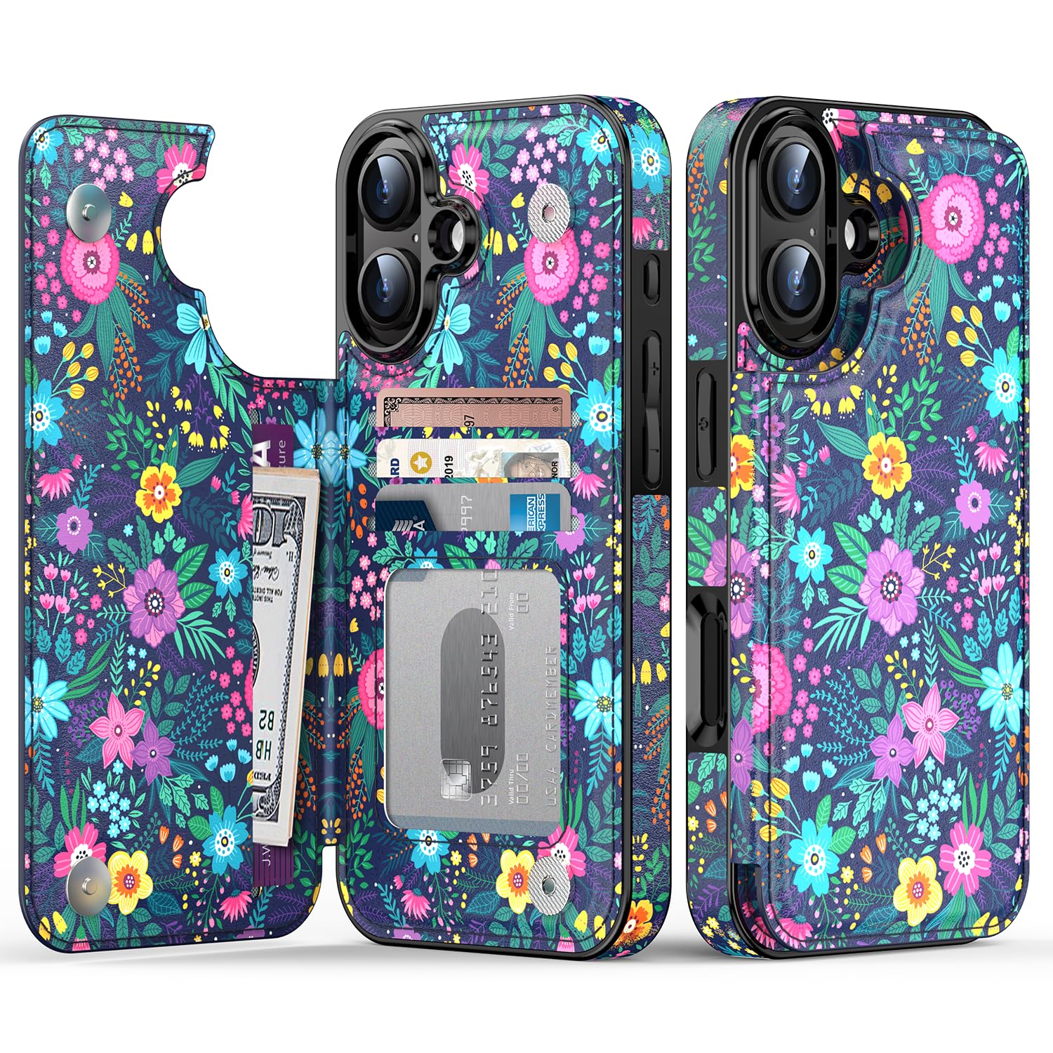 Goodon for iPhone 16 Plus Case Wallet - Flip Folio Leather Cover with Trendy Floral Design, 4 Card Slots & Kickstand Function, Stylish Protective