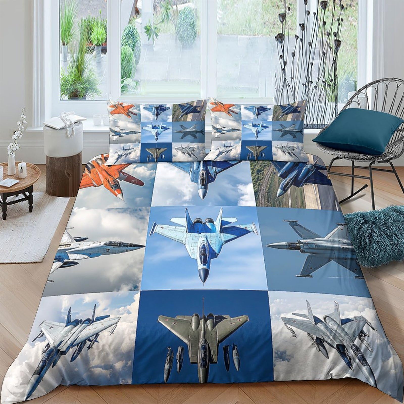 Ctjqhvkz Style-10 3D Printed Fighter Jet Fitted Sheet Microfiber Soft Blue Sky Aircraft Bed Cover For Bedroom Dorm Mattress Decor Single（135X200cm）