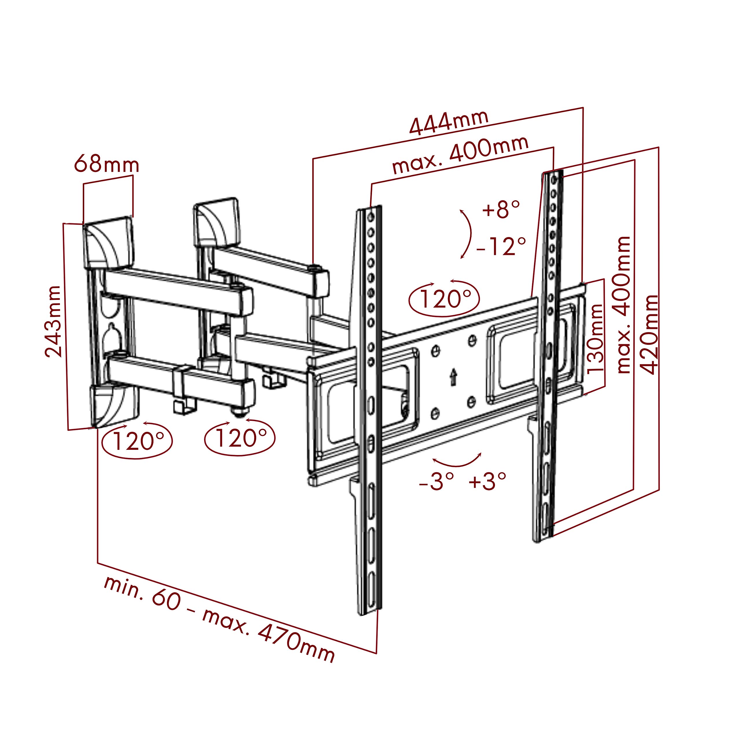 Supporto da parete per TV, girevole e inclinabile, montaggio ad angolo, montaggio a nicchia - VESA fino a max.400 x 400 per 26-55 pollici, estendibile fino a max.47 cm