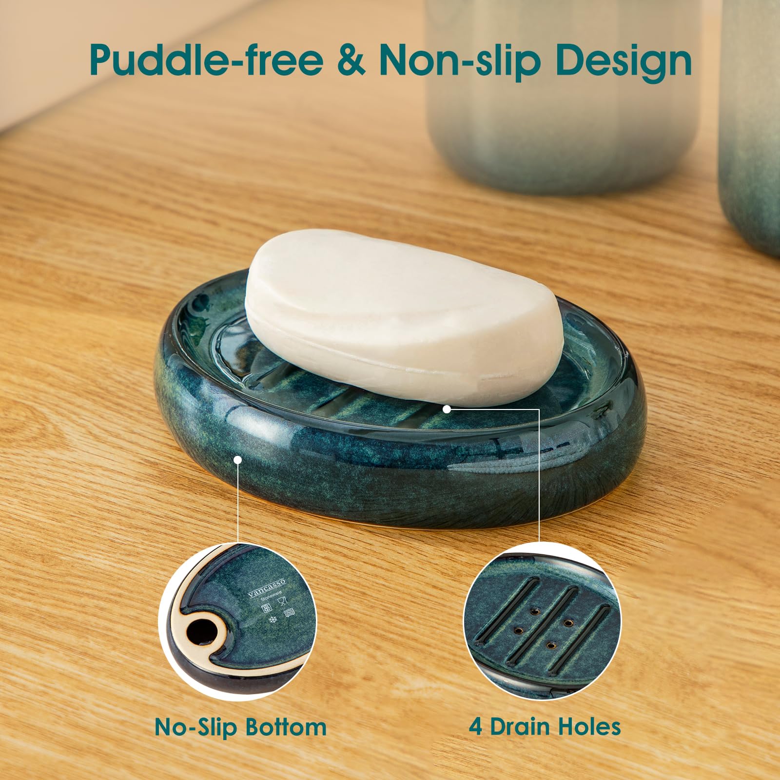 vancasso Set di accessori da bagno verde, dispenser di sapone in ceramica e portaspazzolino, set da 4 pezzi per lavabo da bagno in gres porcellanato, per arredamento moderno della casa, serie Starry