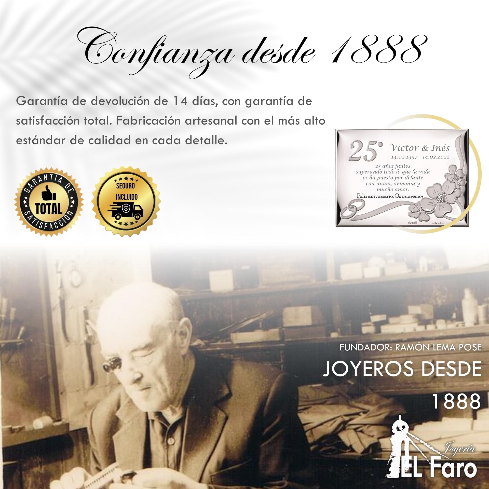 JOYERÍA EL FARO | Placa aniversario | Placa aniversario de bodas | Grabado personalizado | Presentación en estuche premium | Celebra vuestros años de amor juntos | Disponible en 2 tamaños