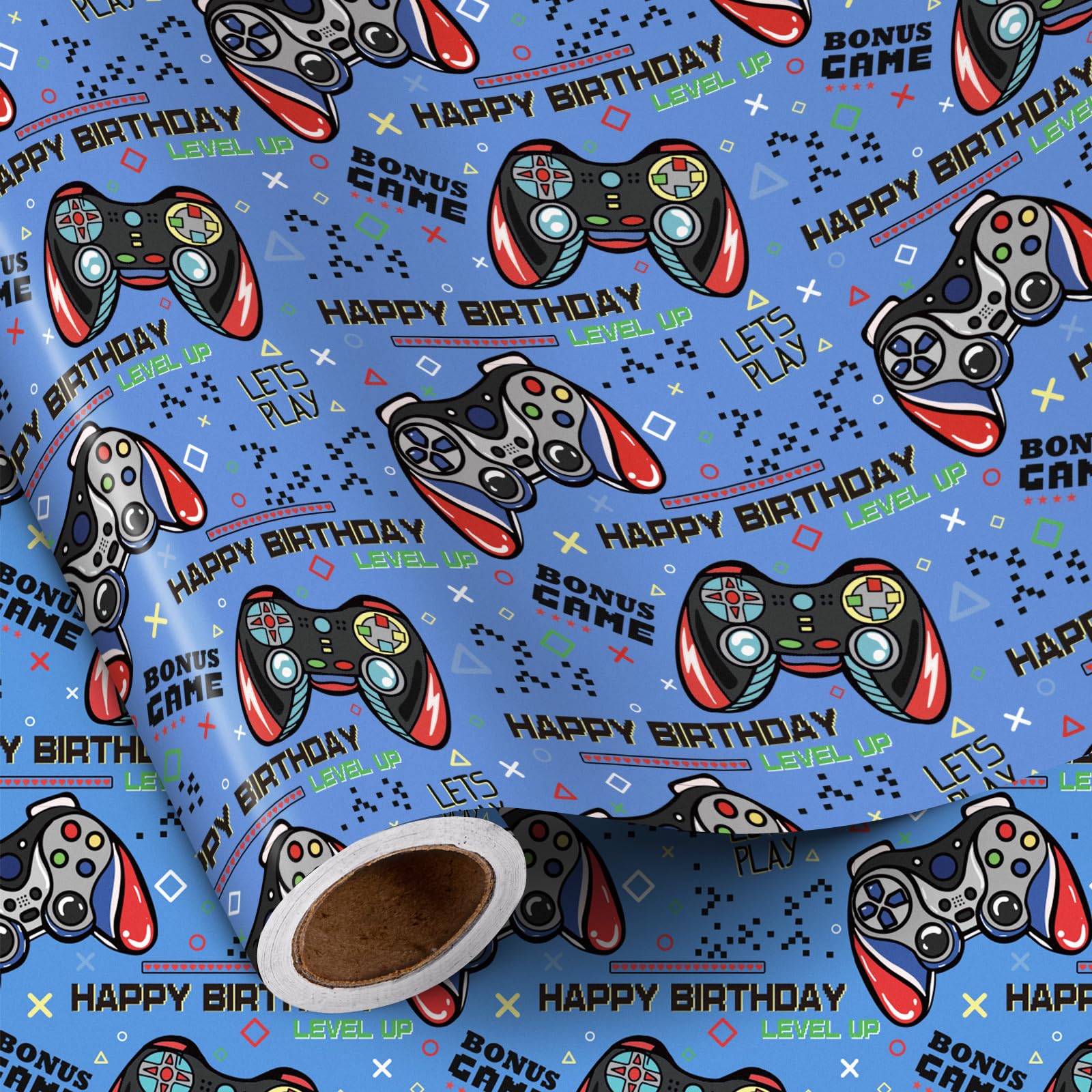 RUSPEPA Video Game Birthday Wrapping Paper Roll for Boys, Mini Roll, Blue Game Controller Pattern and Gamer Text Gift Wrap Paper for Birthday, Game