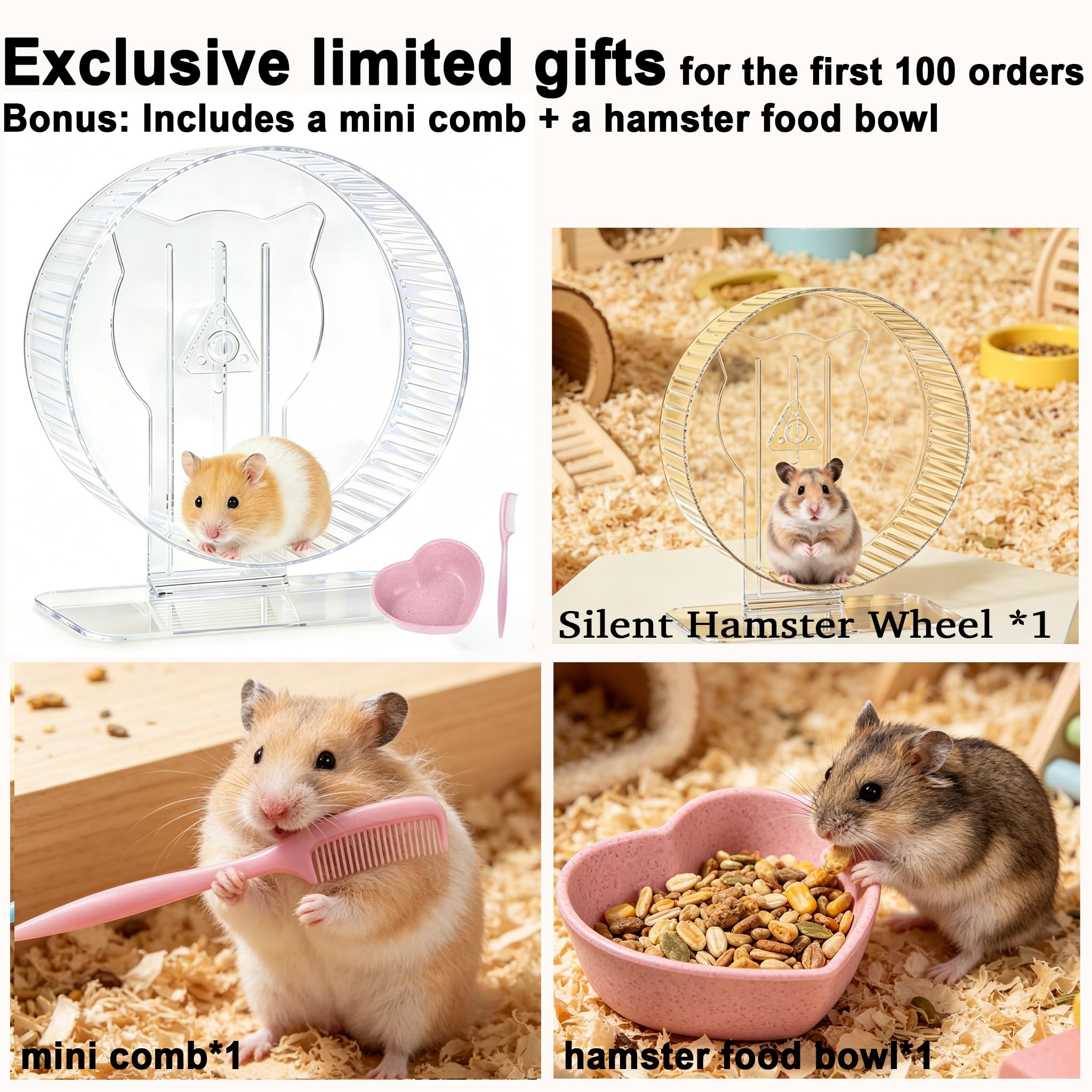 Roue silencieuse pour hamster 20,6 cm, roue de course silencieuse avec support réglable et rail antidérapant – Accessoire idéal pour cage de petits animaux pour hamsters gerbilles souris