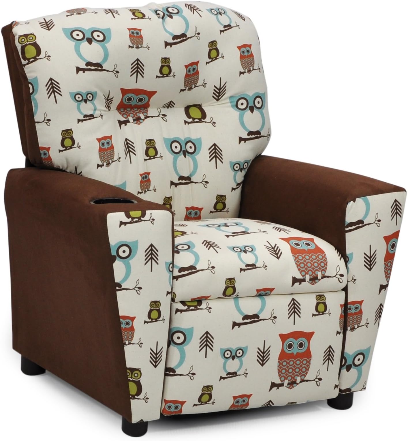 Childrens Upholstered Armchair Recliner, Child's Favorite Gift, Kids Reclining Chair with Cup Holders, We Love Owls Fabric Children's Seating Furniture, Child Friendly Gender Neutral Decor