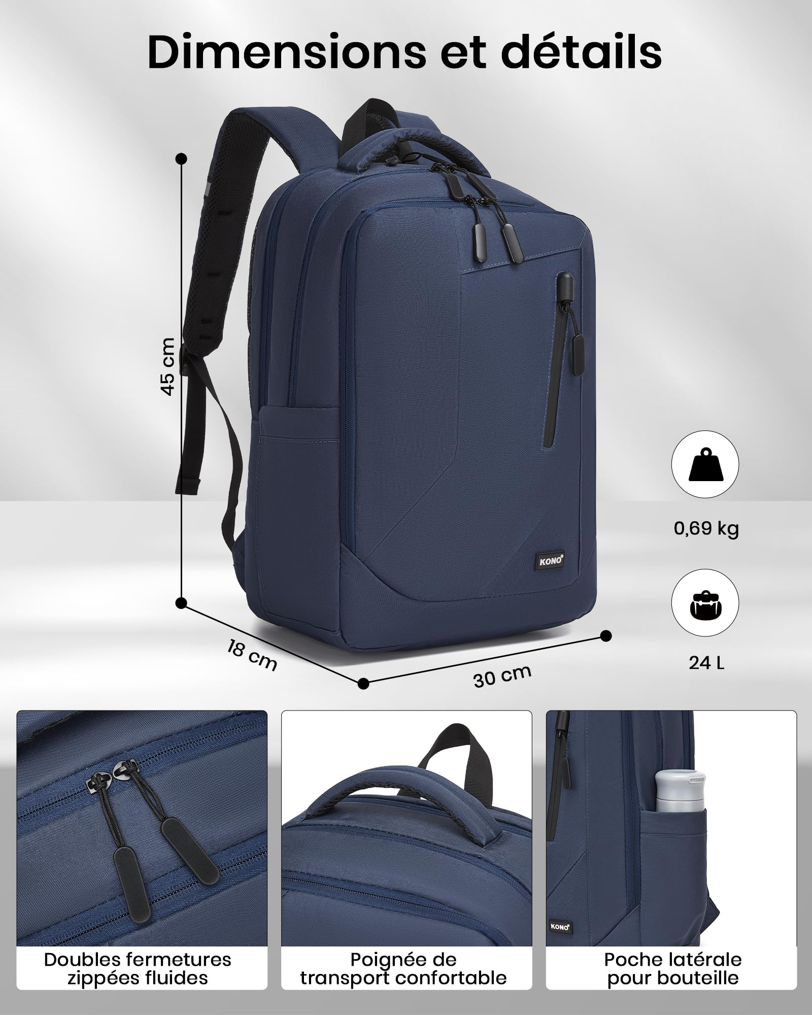 Kono Sac à Dos Ordinateur 15,6 Pouces PC Portable Homme Femme, Bleu Marine