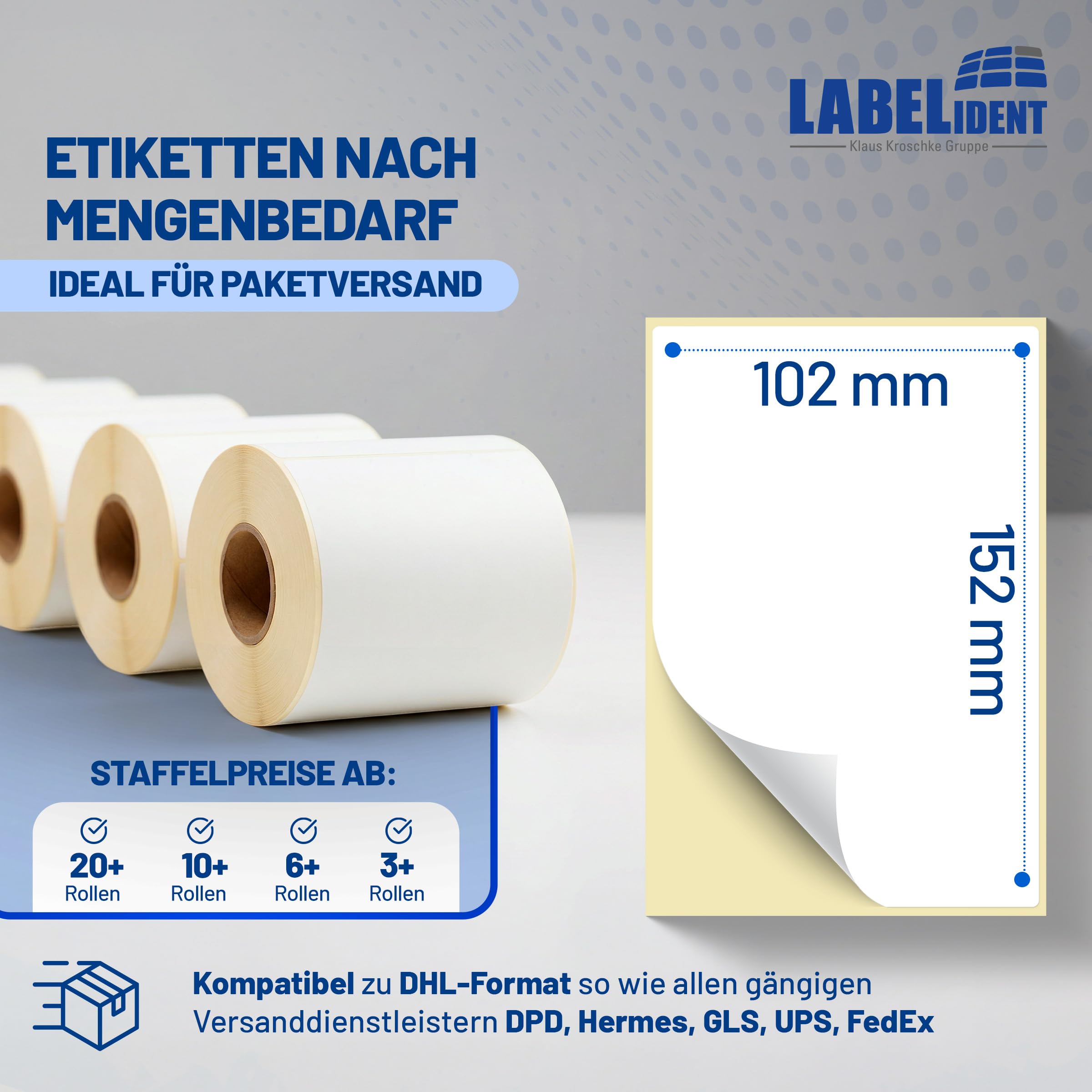 Labelident Versandetiketten 102 x 152 mm - 14.800 Etiketten, 40 Rollen à 370 Thermoetiketten | Stark selbstklebende Thermodirekt-Labels für DHL, DPD, FedEx, GLS, Hermes, UPS, Zebra