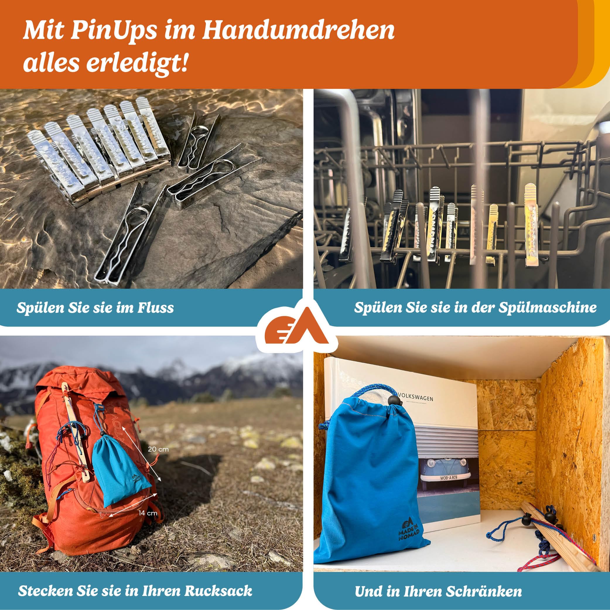 Wild PinUps:100 Unzerbrechliche Edelstahl Wäscheklammern Pincinox mit Wäscheklammerbeutel und Karabiner. Für Waschküche, Wäscheleine, Wäschespinne. Robuste und langlebige Wäscheklammern Made in France
