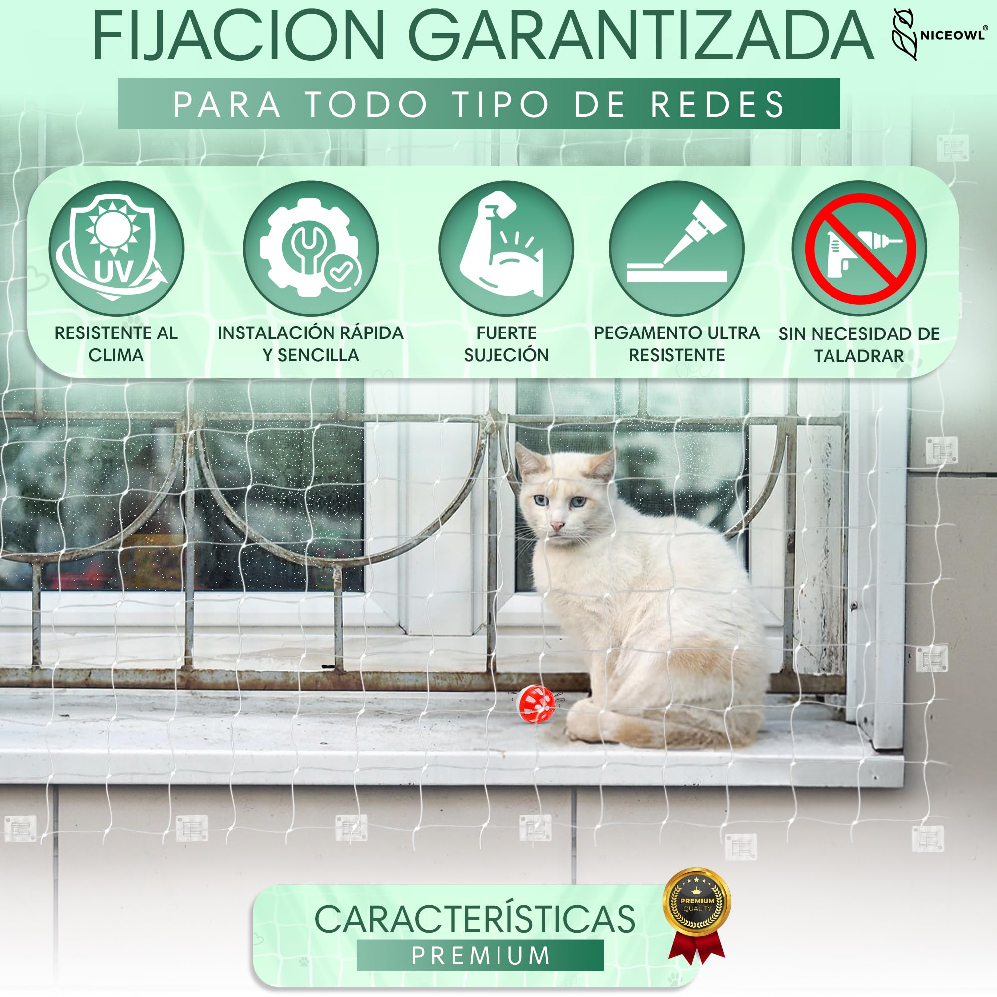 Kit de Fijación Red Sin Taladros | Juguete Gratis | Pack 70 Ganchos Adhesivos + 100ml Pegamento Universal +35 Bridas + Lija | Red para Gatos Terraza | Clips Anti UV | Red Gatos Terraza