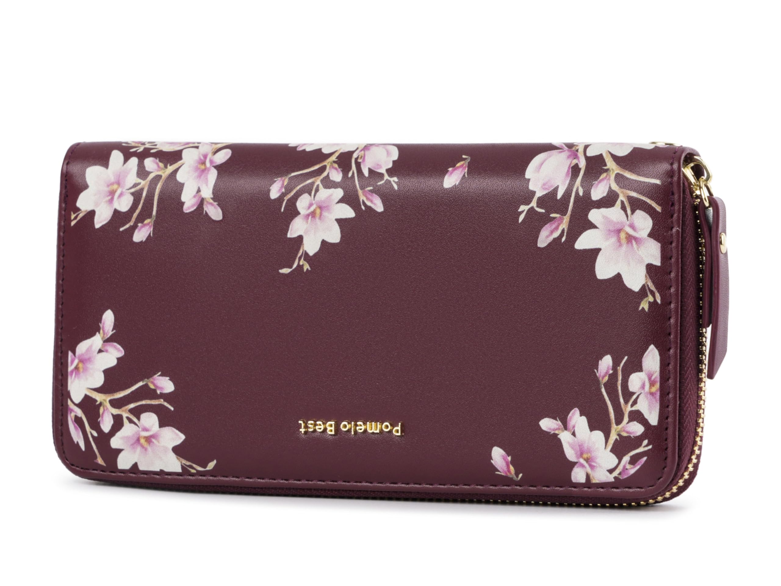 Pomelo Best Geldbörse Damen groß im Langformat Blumen Prägung Reißverschluss Portemonnaie mit RFID-Blockierung und vielen Fächern Weinrot