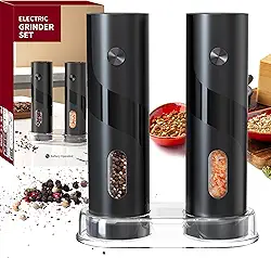 Kit 2 Moedor de Pimenta e Sal Elétrico Automático, Operação com Uma Mão, Luz LED, Ajuste de Moagem, com Acrílico de Mesa Porta Sal, a Pilha, 120ml, Preto, Premium, para Cozinha e Churrasco