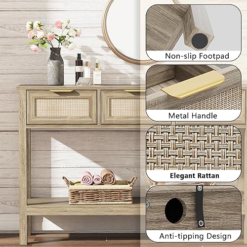Miniatura 8 de Mesa de entrada bohemia, mesa consola de ratán, consola de entrada de madera, mesa de pasillo larga con 3 cajones y estante abierto para sala de