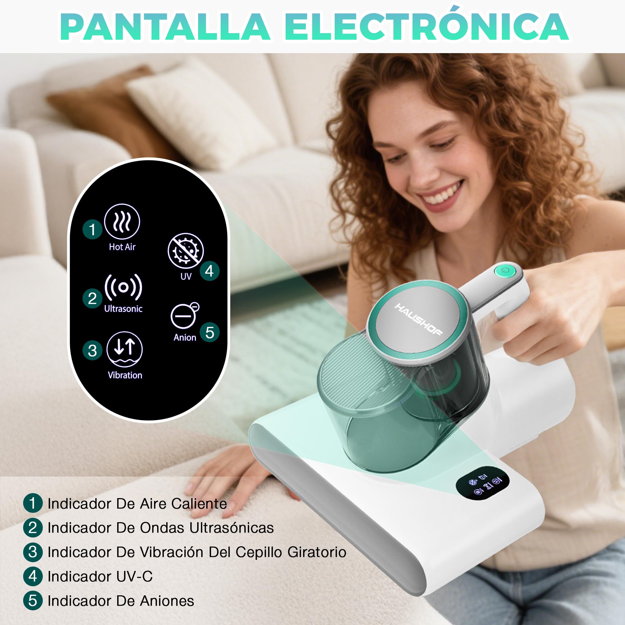 HAUSHOF Aspirador Antiácaros para Colchones 400 W, 10500 RPM con Luz UV-C 275 nm, Aire Caliente 60 ℃, Pantalla LED y Depósitos Dobles, Ideal para Camas, Sofás y Alfombras