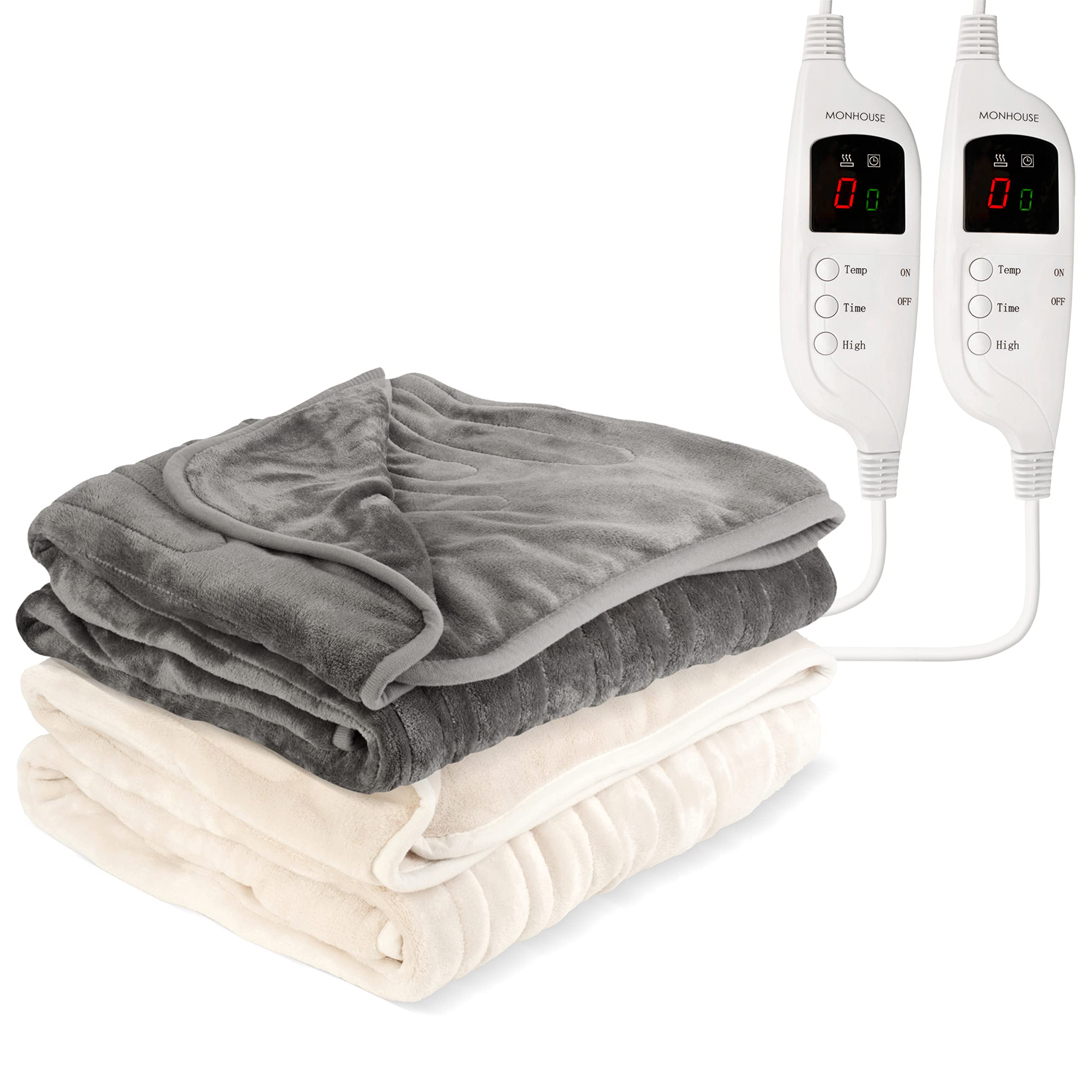 Monhouse Grey/Beige Heated Throw - Pack Of 2 Electric Blankets - Digital Controller - Timer Up To 9 Hours, 9 Heat Settings, Auto Shutoff - Machine Washable - Single 130X160cm