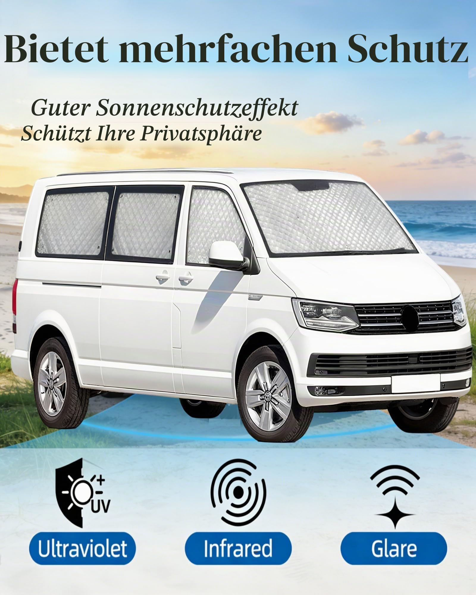 Auto Thermomatte Fahrerhaus Innen für VW T5 T6 LWB, 8 Stück Frontscheibenabdeckung Thermorollo Set Sonnenschutz Frontscheibe Innen Verdunkelung Windschutzscheiben Schutz mit Aufbewahrungstasche (8PCS)
