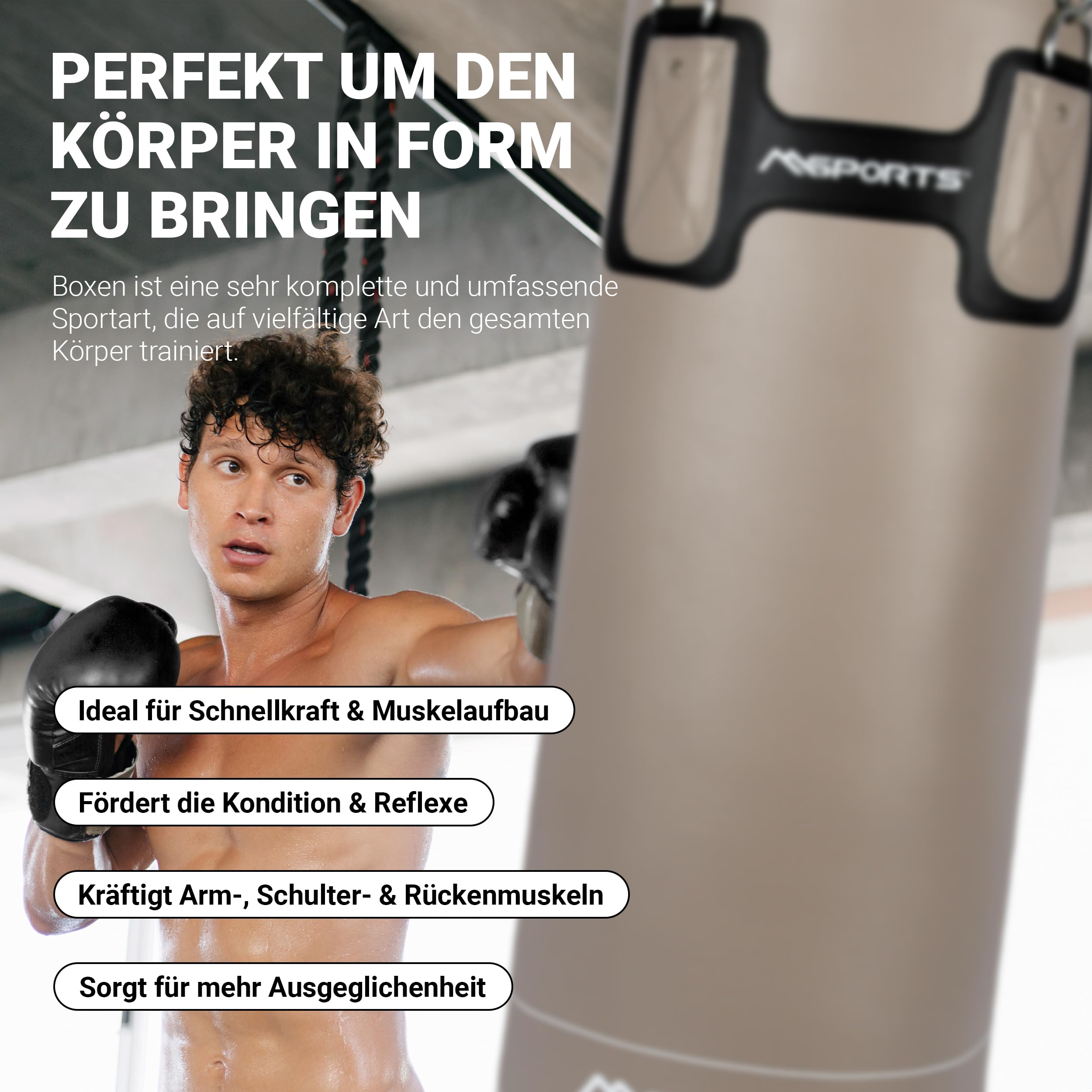 MSPORTS Punch Bag Set Premium 80 × 30 cm – Sac de frappe 25 kg + gants de boxe & bandages – Entraînement de boxe, kickboxing et fitness à la maison ou en studio