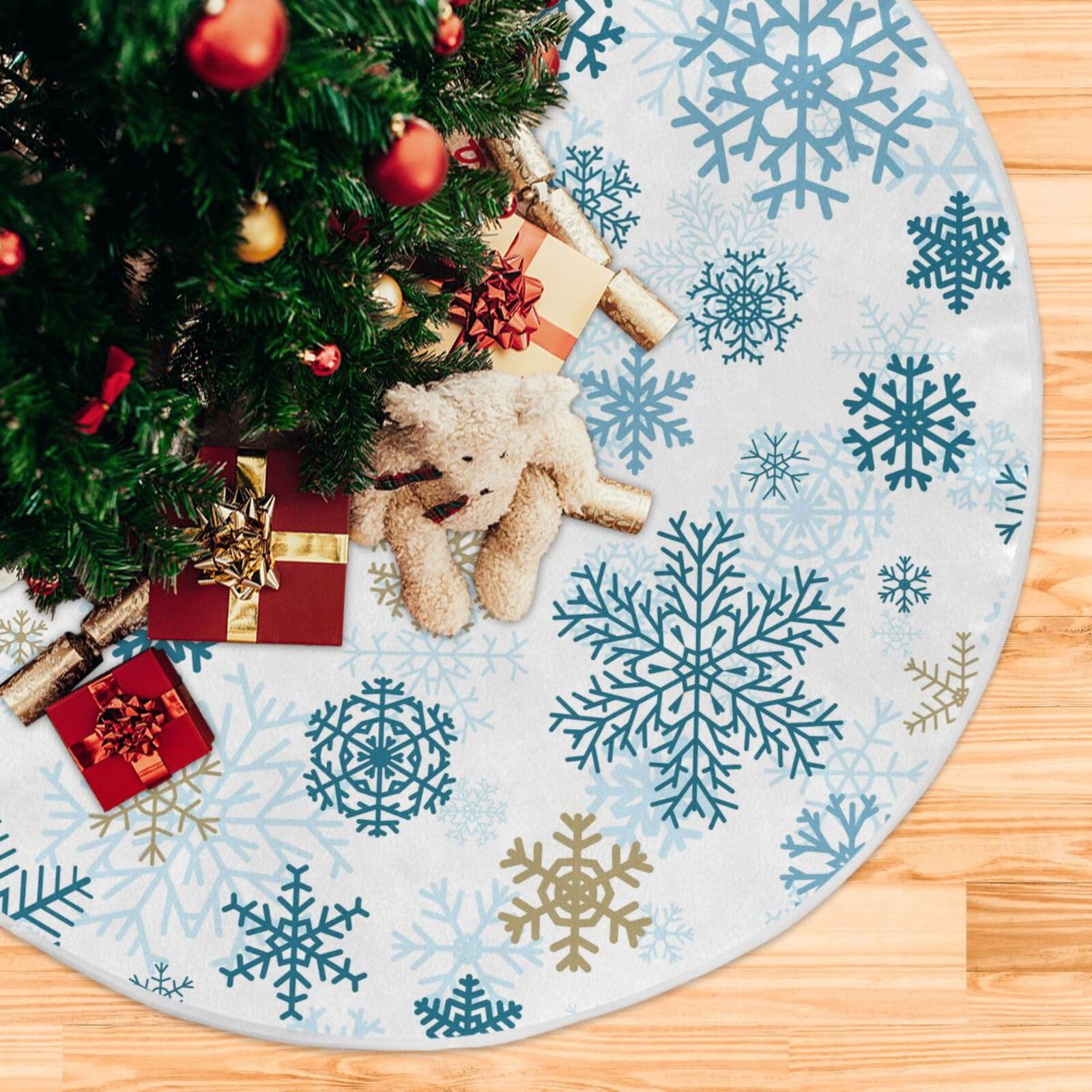 ALAZA Christmas Tree Skirts Christmas White Blue Gold Snowflakes Xmas Tree Skirt Christmas Tree Mat For New Years Decorations Holiday Home Decor