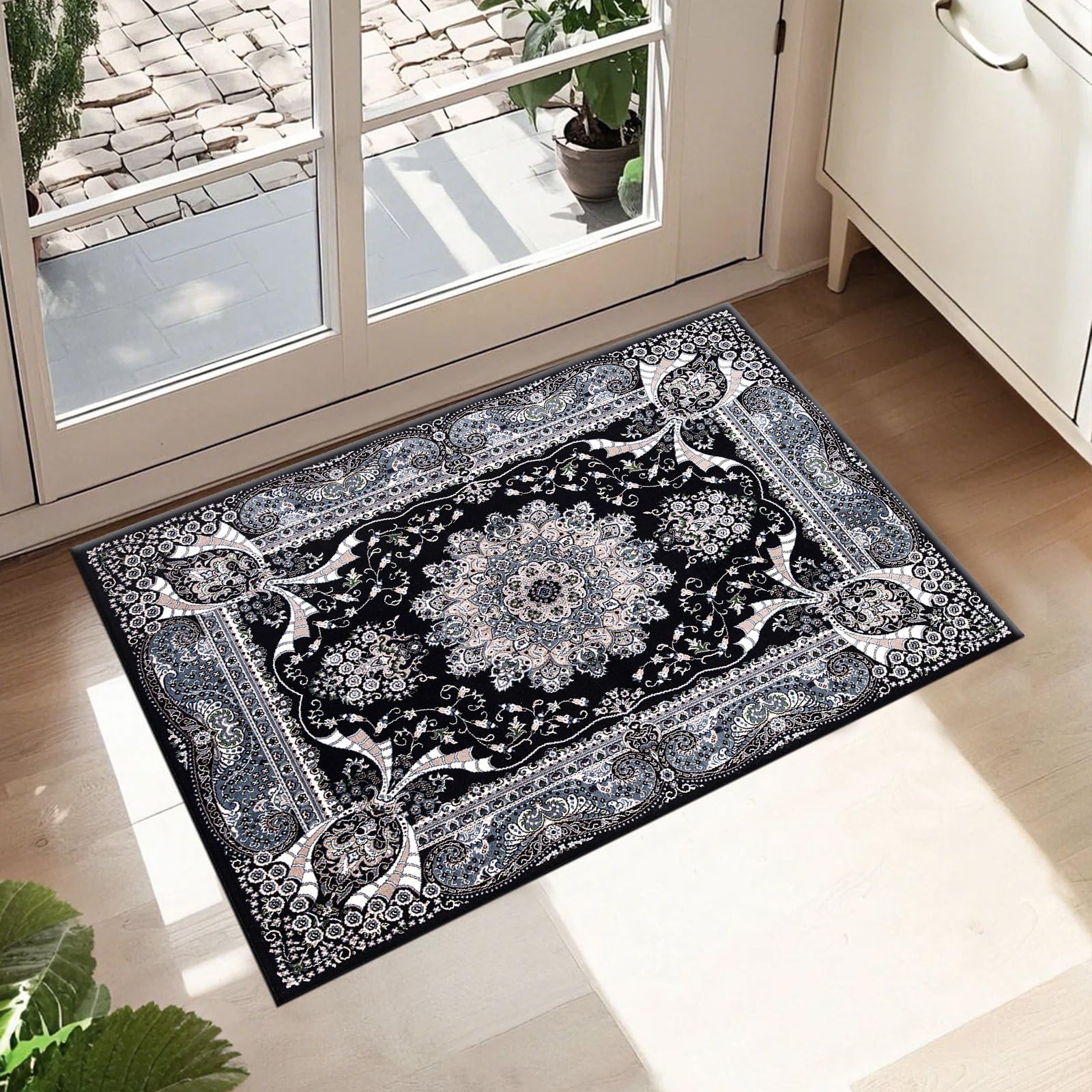 cozily® Floral Design Washable Classical Rug, 60 x 110 cm (2 ft x 3 ft 7 in) - Black - Small Doormat for Indoor, Fireside, Door, Home Floor, and Bath Room