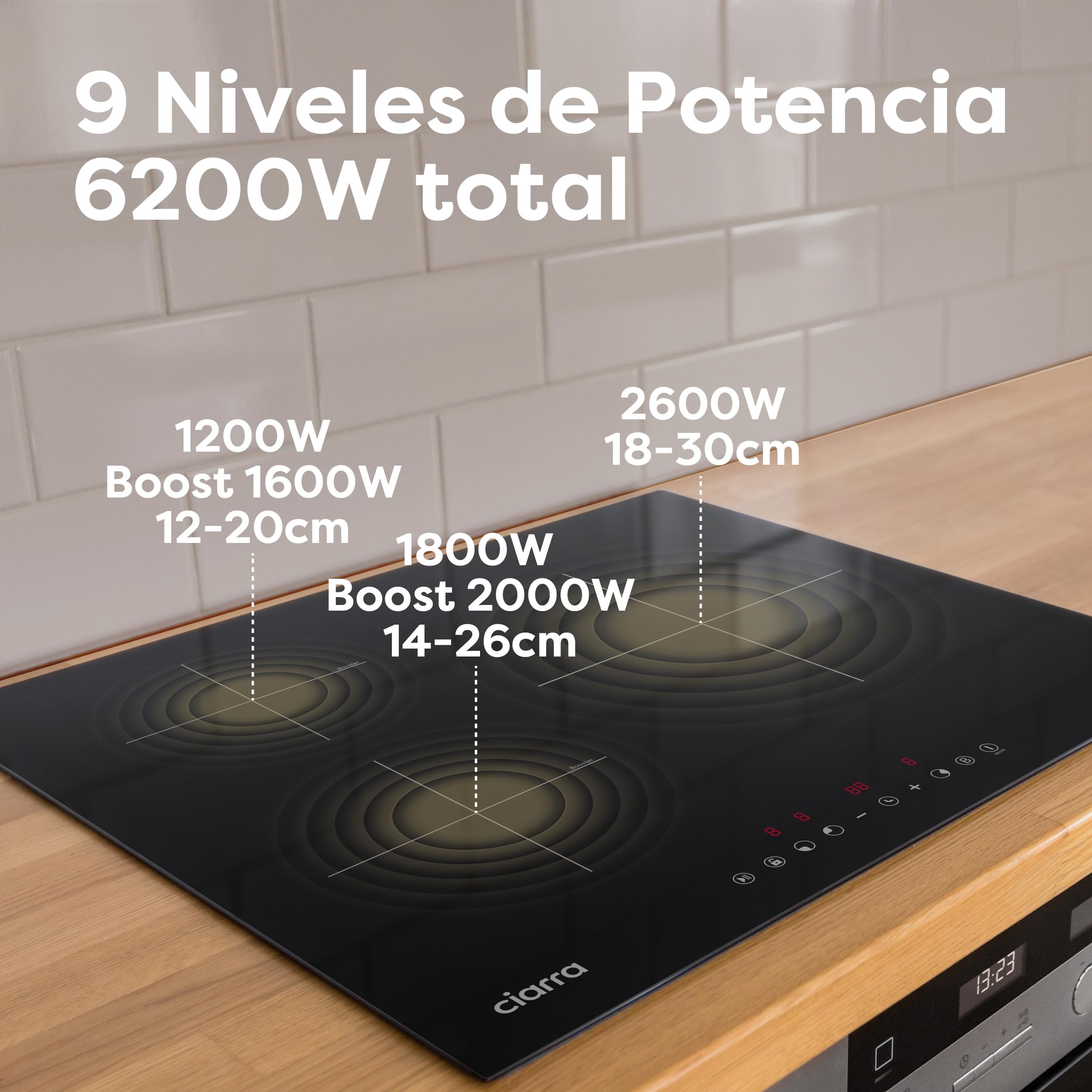 Ciarra Placa Induccion 3 Fuegos 60cm Función Boost | Limitador de potencia 2,8/3,5/6,2 kW, Pausa, Temporizador, Para Recipientes de 30cm