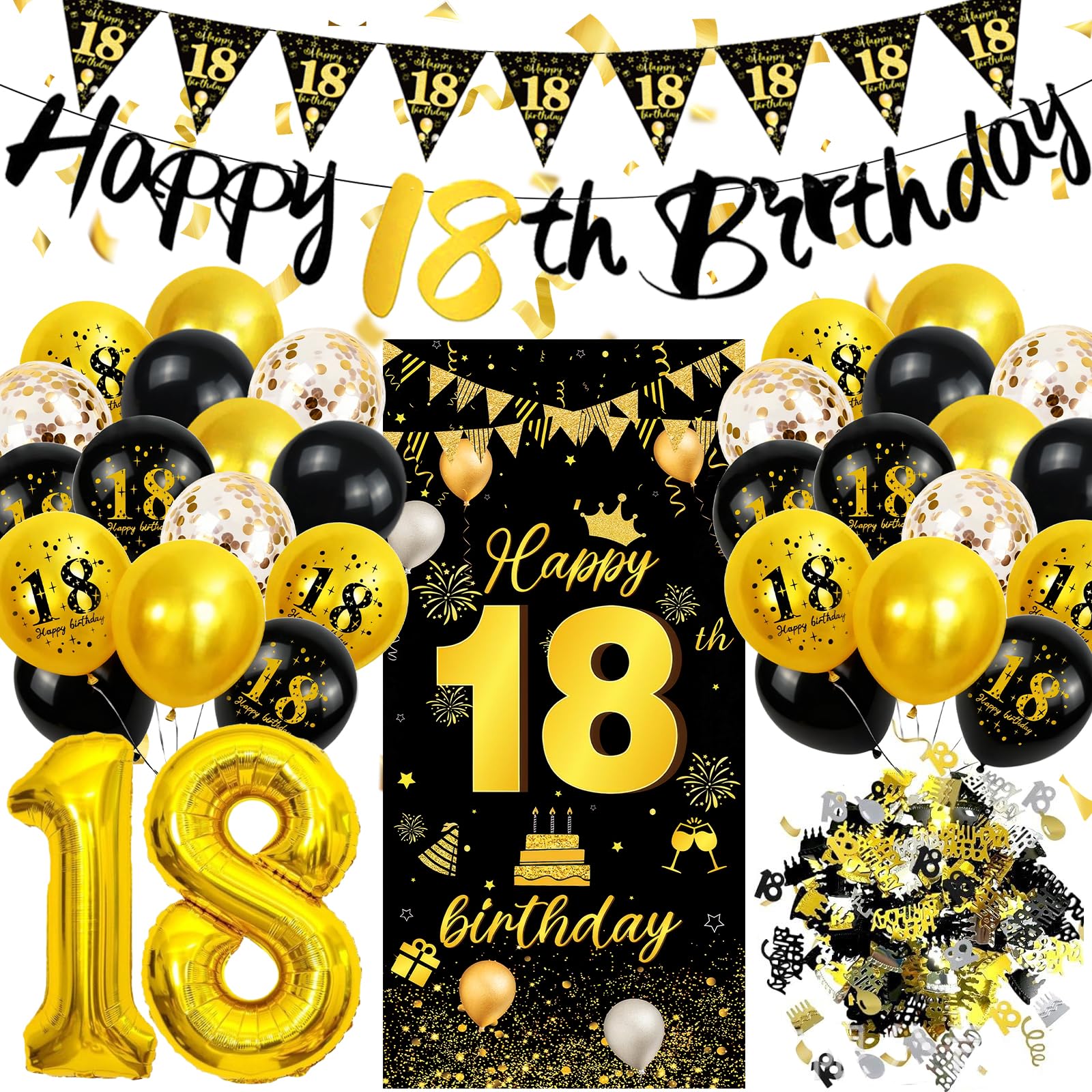 18. Geburtstag Deko Junge, Mädchen Geburtstagsdeko Mann Dekorationen Banner mit 18 Jahre Luftballons Zahl Groß Schwarz Gold 18th Birthday Happy