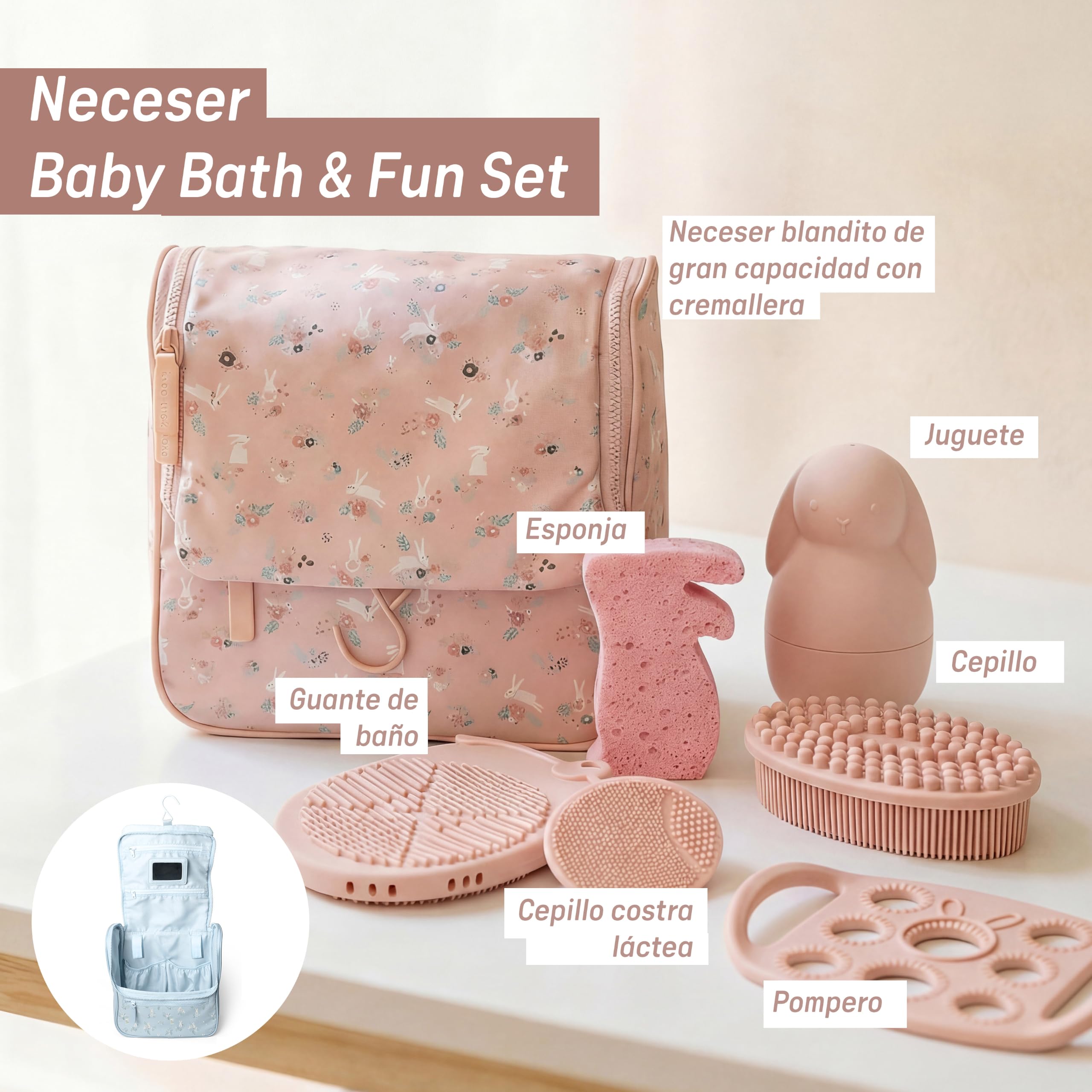 Suavinex, Kit Baño Bebé con Neceser, Set Higiene Recién Nacido, Rosa | Con: Esponja + Cepillos + Guante Baño + Pompero + Juguete. Con Bolsillos, Cremalleras, Espejo y Colgador, Gran Capacidad