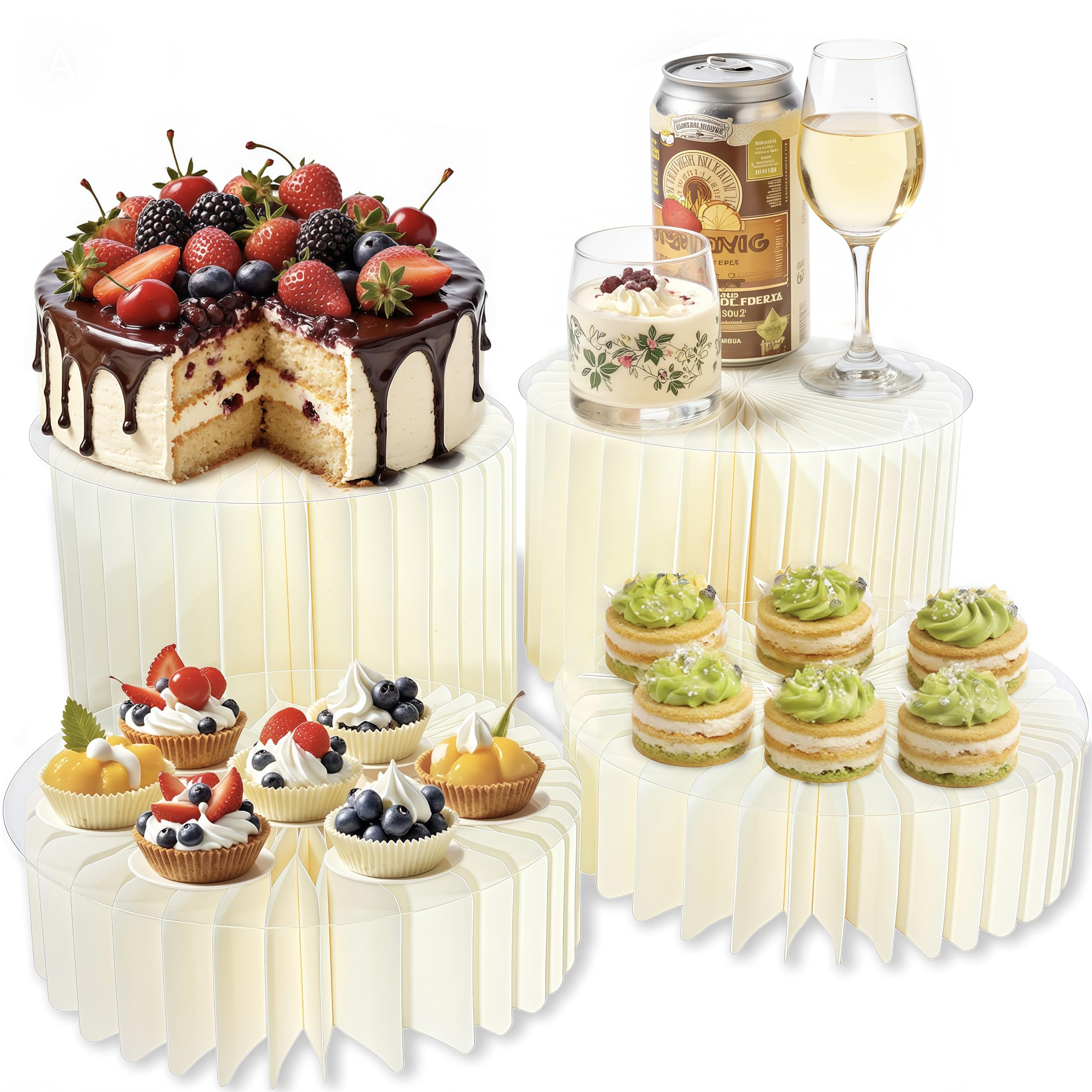 YCBTREE 4 Pack Cardboard Cake Stand Set – Foldable Dessert & Buffet Risers With PVC Plates, 10cm & 20cm Height, 30kg Capacity – For Wedding, Party, Display Table Decor
