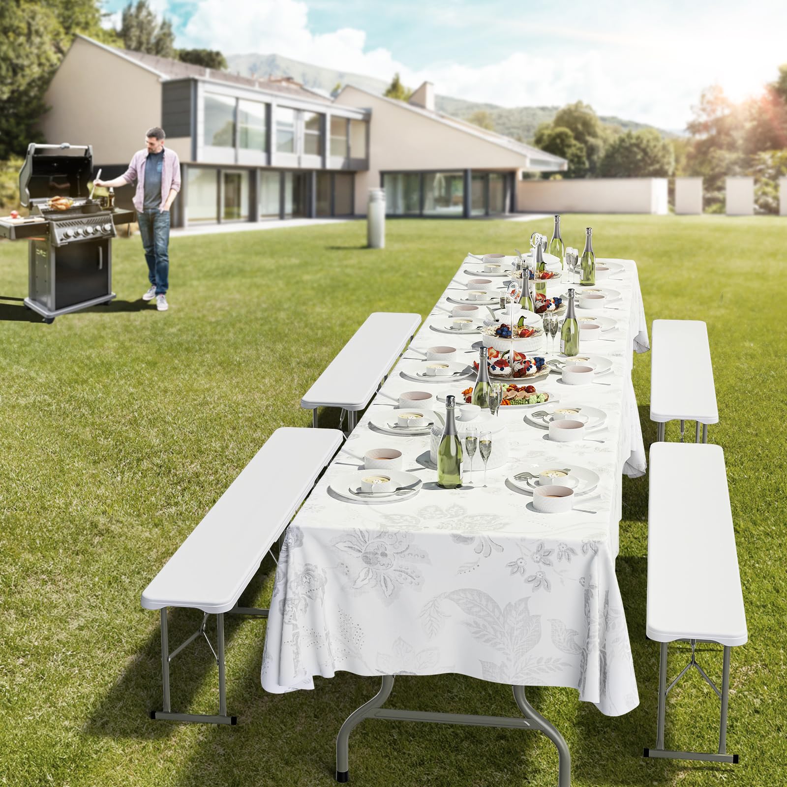 Bonnlo Banc de Jardin, Lot de 2 Bancs Pliable 180 cm, Banc Exterieur Jardin en Plastique, pour Camping, Fête, Pique-Nique (2, Blanc)