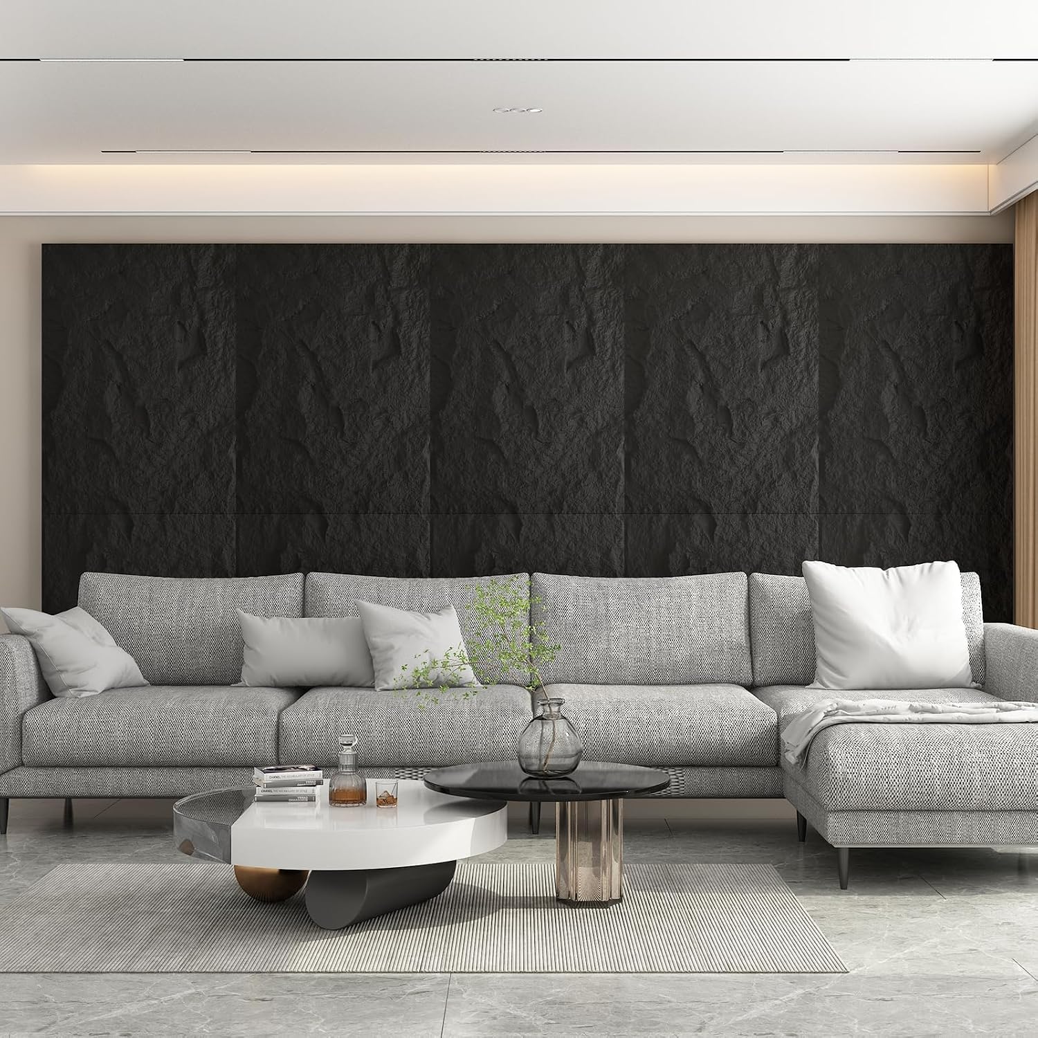 OUZUGIE 4 PCS Faux Stone Wall Panel 47.2’’ x 23.6’’ Interior Exterior Wall Decor 3D PU Panel with Lava Stone Design Black