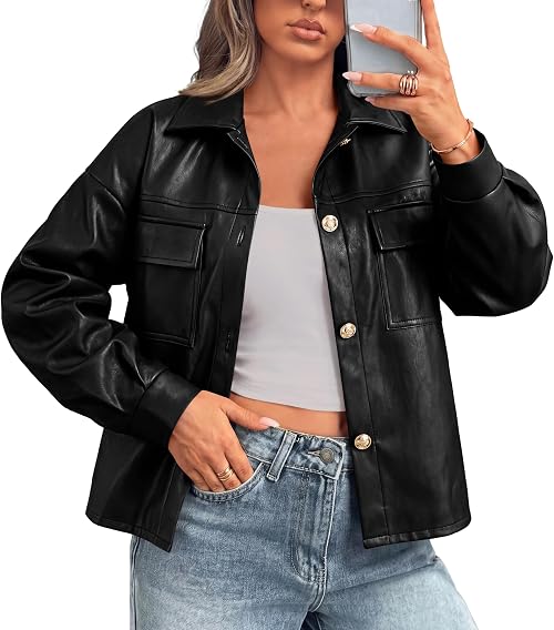 PRETTYGADEN Women's Button Down Faux Leather Jacket