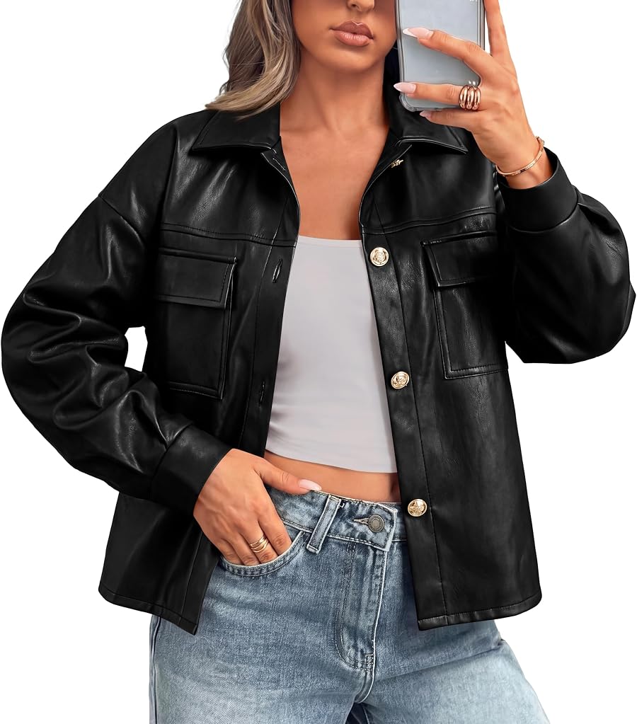 PRETTYGADEN Women's Button Down Faux Leather Jacket