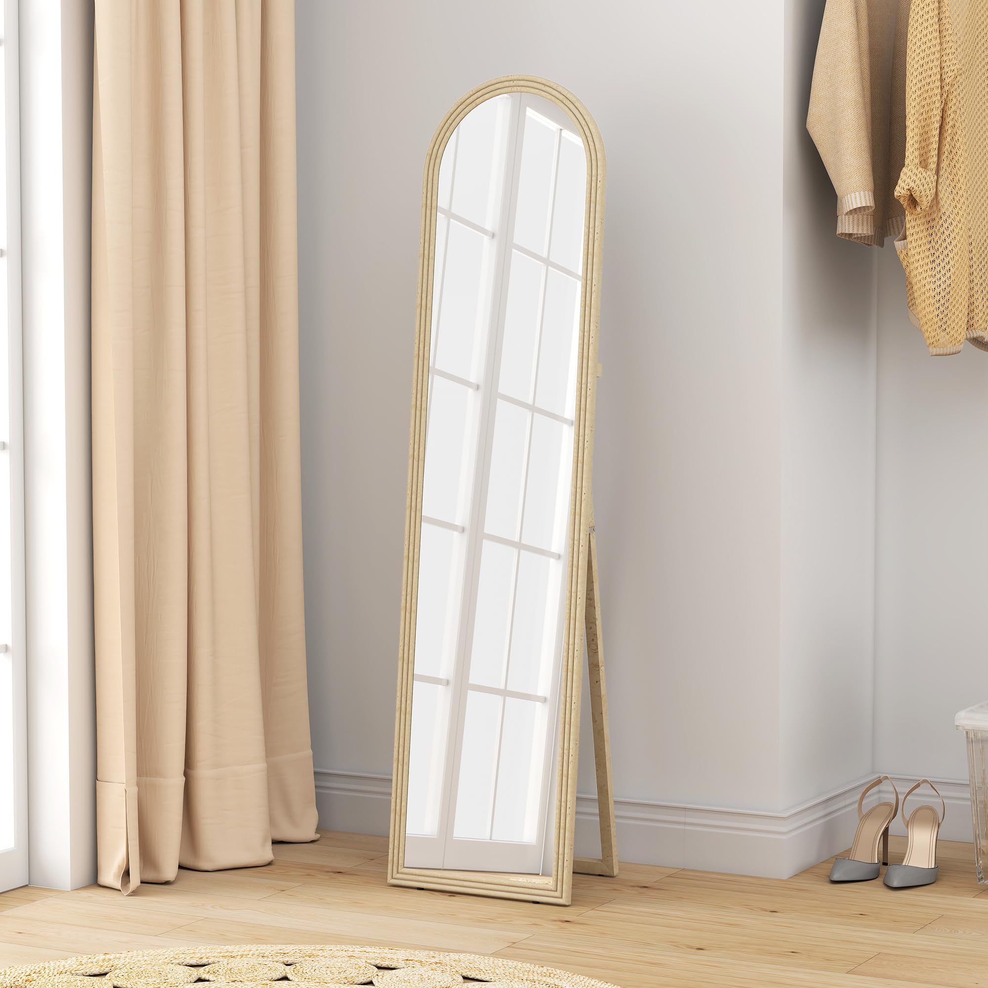 HOMCOM Espejo de Pie Cuerpo Entero 160x40 cm con Marco Efecto Piedra, Espejo de Pared Rectangular para Colgar o Apoyar, 2 Modos de Uso, para Dormitorio, Salón y Entrada, Beige
