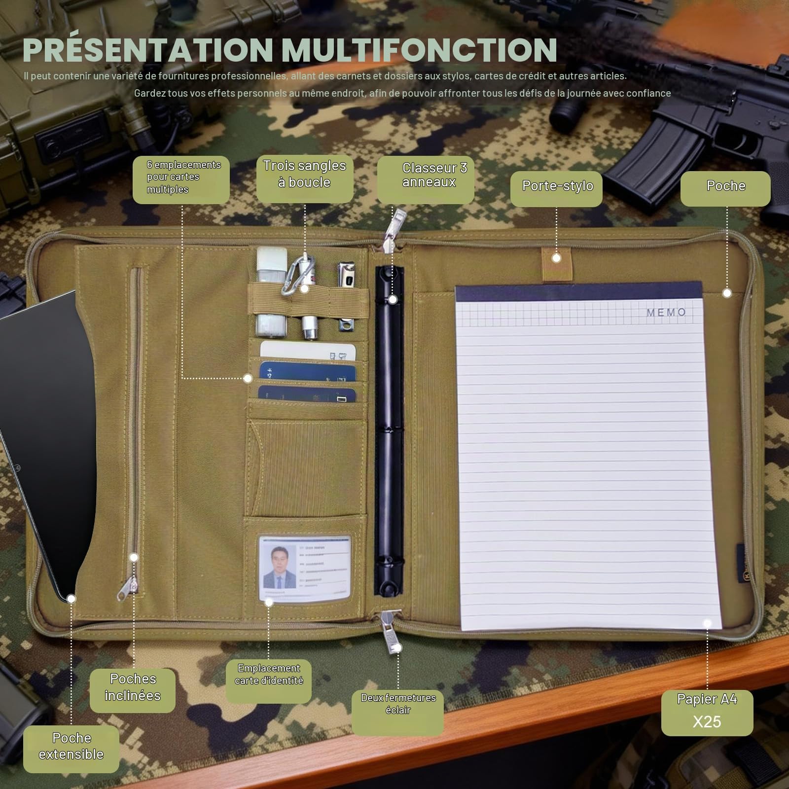 Porte-documents tactique avec fermeture éclair, couverture militaire imperméable avec 40 feuilles de papier à lettres, classeur amovible à 3 anneaux pour dossier A4, grand organiseur tactique pour le
