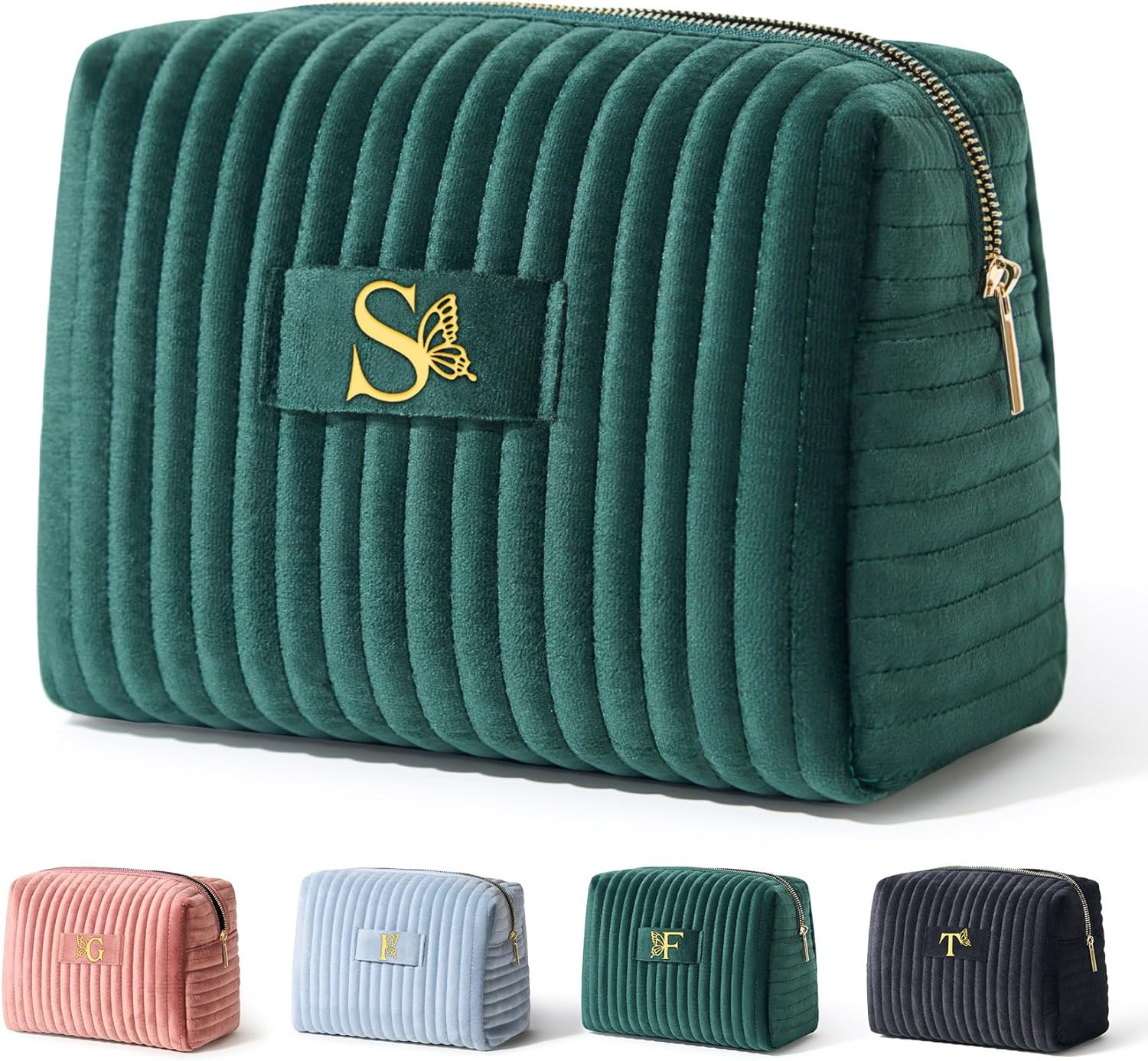 COSHAYSOO Personalized Birthday Retirement Gifts for Women Unique Travel Makeup Bag Quilted Make Up Cosmetic Pouch Woman Friend Gift Green Velvet Beauty Accessories Organizer Initial Letter S COSHAYSOO Personalized Birthday Retirement Gifts for Women Unique Travel Makeup Bag Quilted Make Up Cosmetic Pouch Woman Friend Gift Green Velvet Beauty Accessories Organizer Initial Letter S