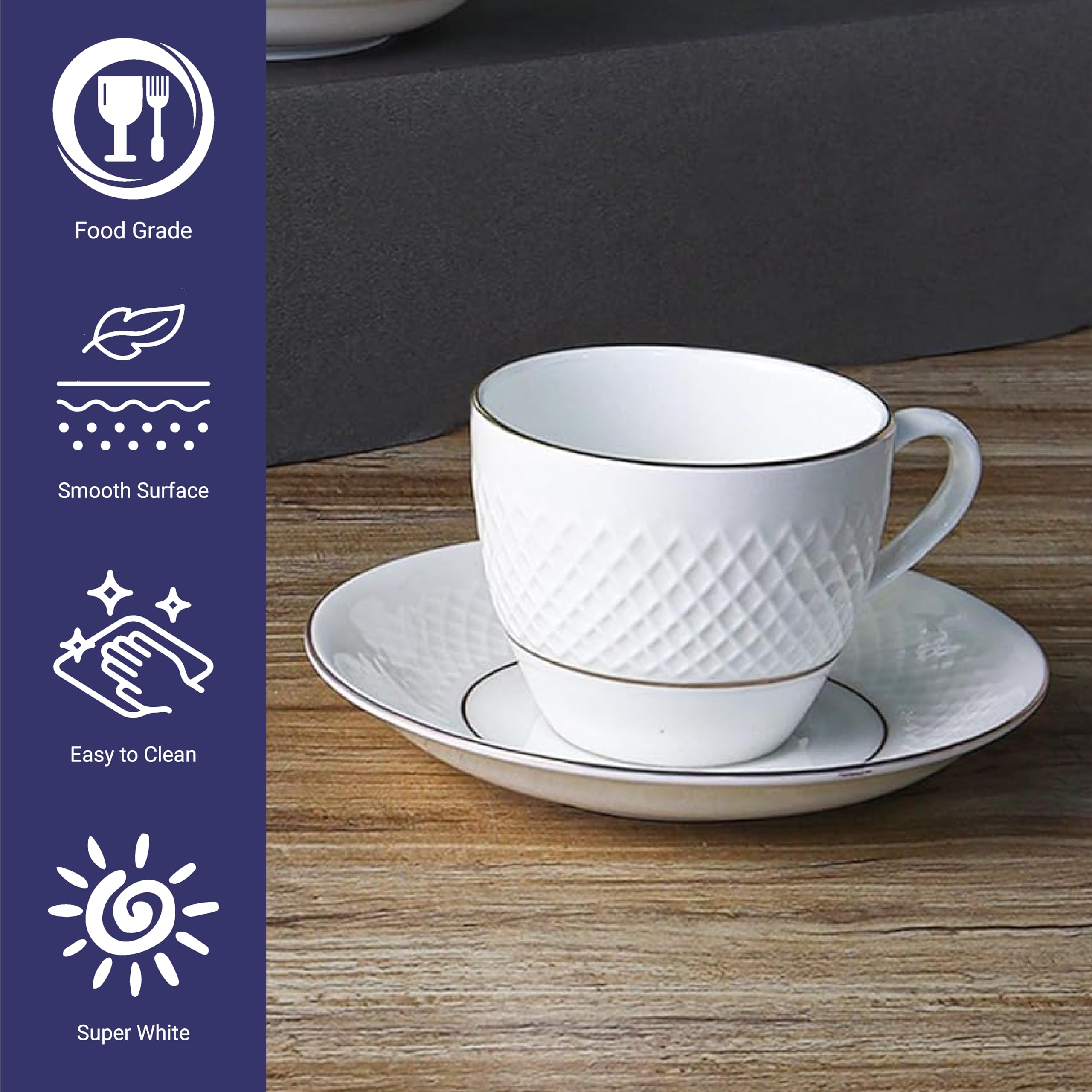Femora Double Gold LineDiamond Cut White Ceramic Tea Cup with Saucer Set of 12 Pcs, 200 ml | Microwave & Dishwasher Safe | Bone-Ash Free | Crockery Set Ideal for Daily Use & Gifting, White 4