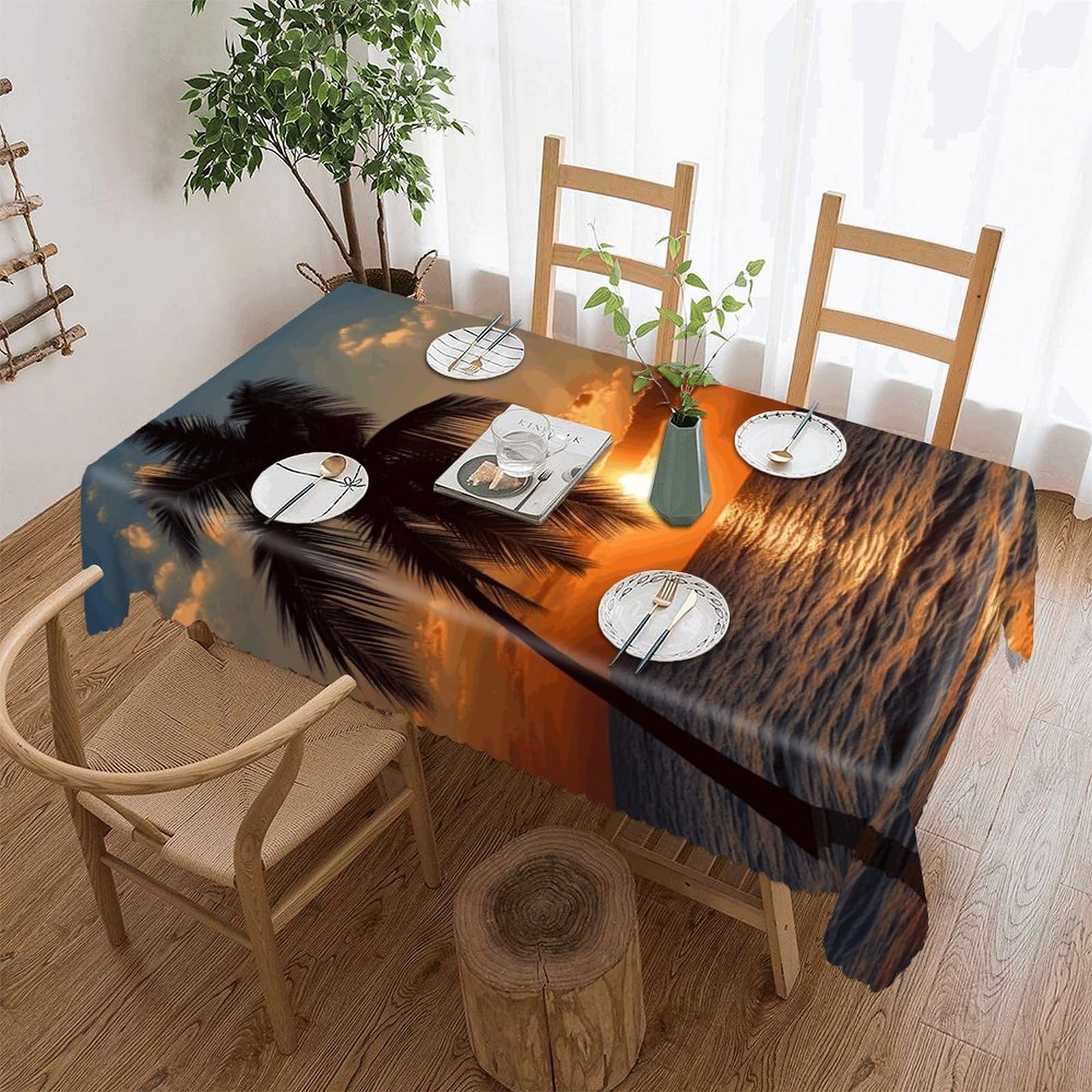 FekiLoot Sunset Palm Tree Ocean Tablecloths for Rectangle Tables Wipeable Spillproof Polyester Table Cloth Wrinkle Free Farmhouse Dining Tables Cover Elegant Vintage Decor Tablecover