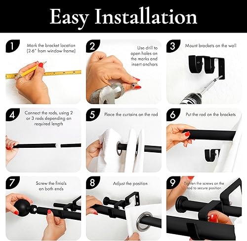 Miniatura 6 de Meriville cortinero doble telescópico para ventana simple tratada de 1 pulgada de diámetro con esferas en los extremos