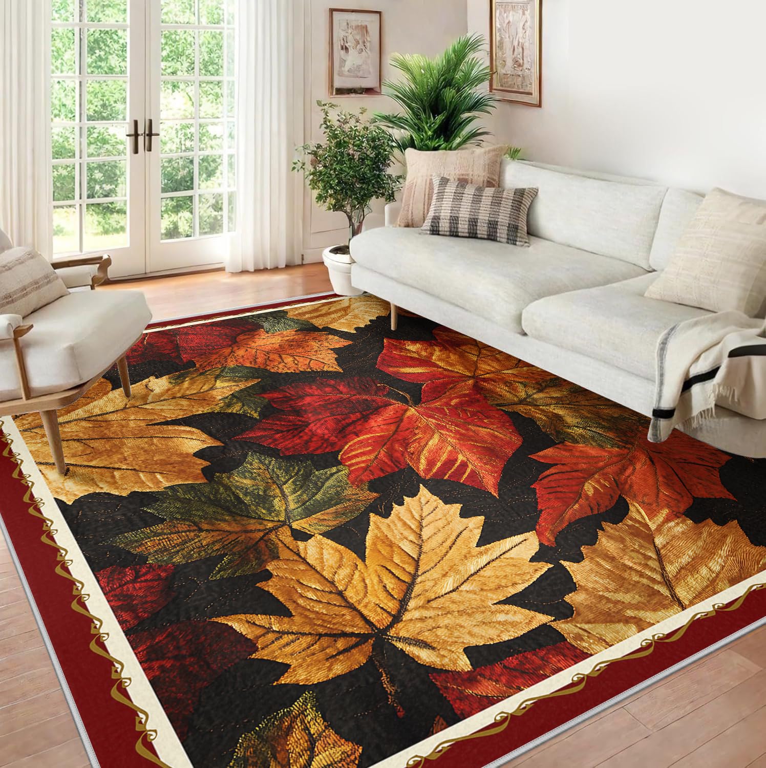 120x180cm Tapis de Salon Lavable en érable coloré Rugs bohème à Poil Bas pour Chambre Salle à Manger Bureau Feuilles d’Automne Tapis d’intérieur