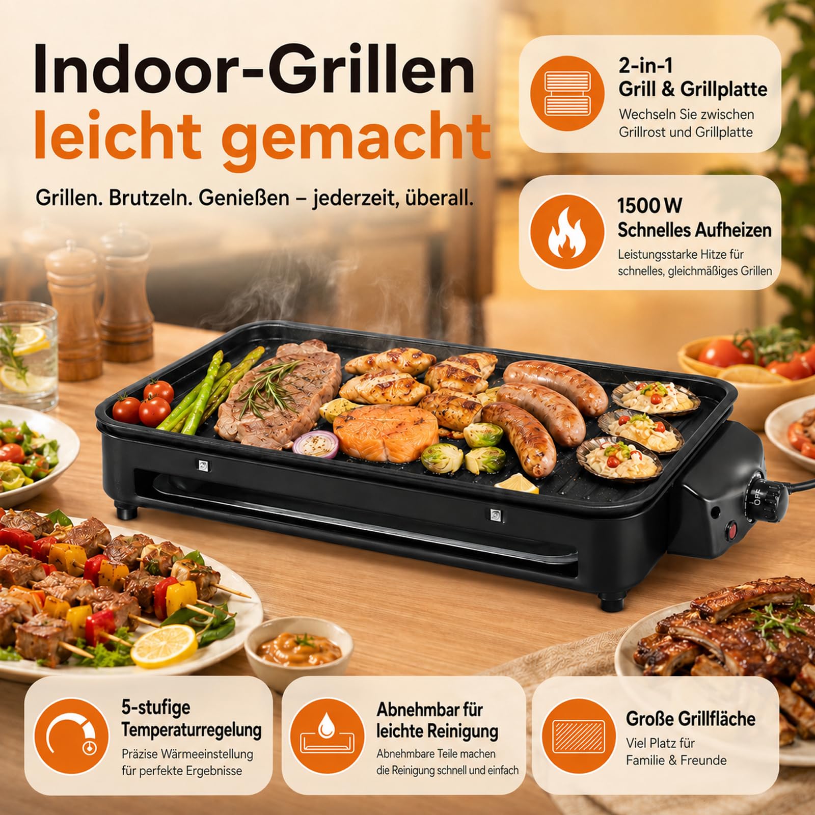Barbacoa de mesa eléctrica con plancha 2 en 1, gran superficie de parrilla para interior y exterior, 1500 W, 5 niveles de calor ajustables, parrilla eléctrica con plancha para balcón y cocina, fácil