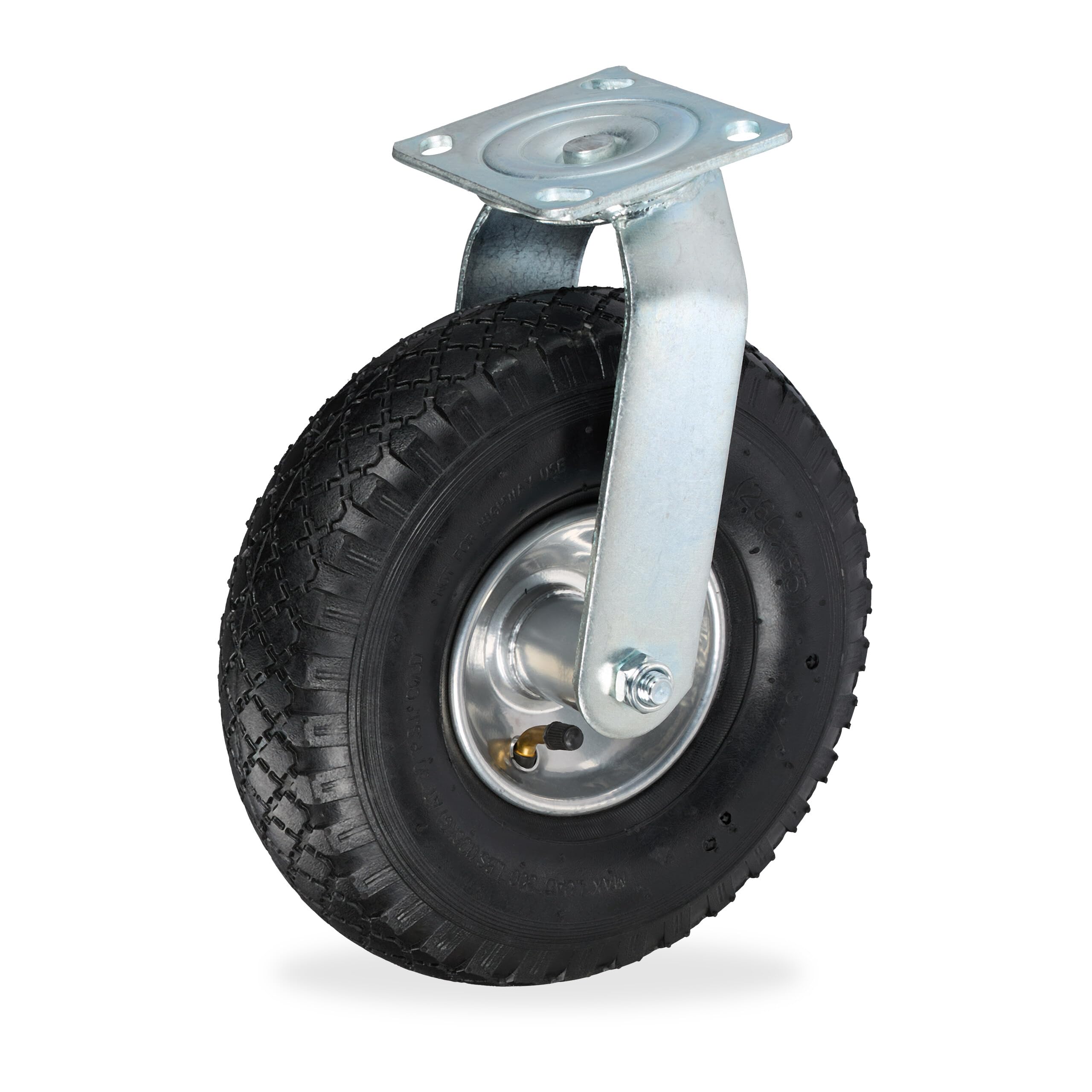 Relaxdays Swivel Castor, Pneumatic Tyres, 3.00-4, Heavy-Duty Transport Wheel, Screw-on Plate, up to 120 kg, Black/Silver