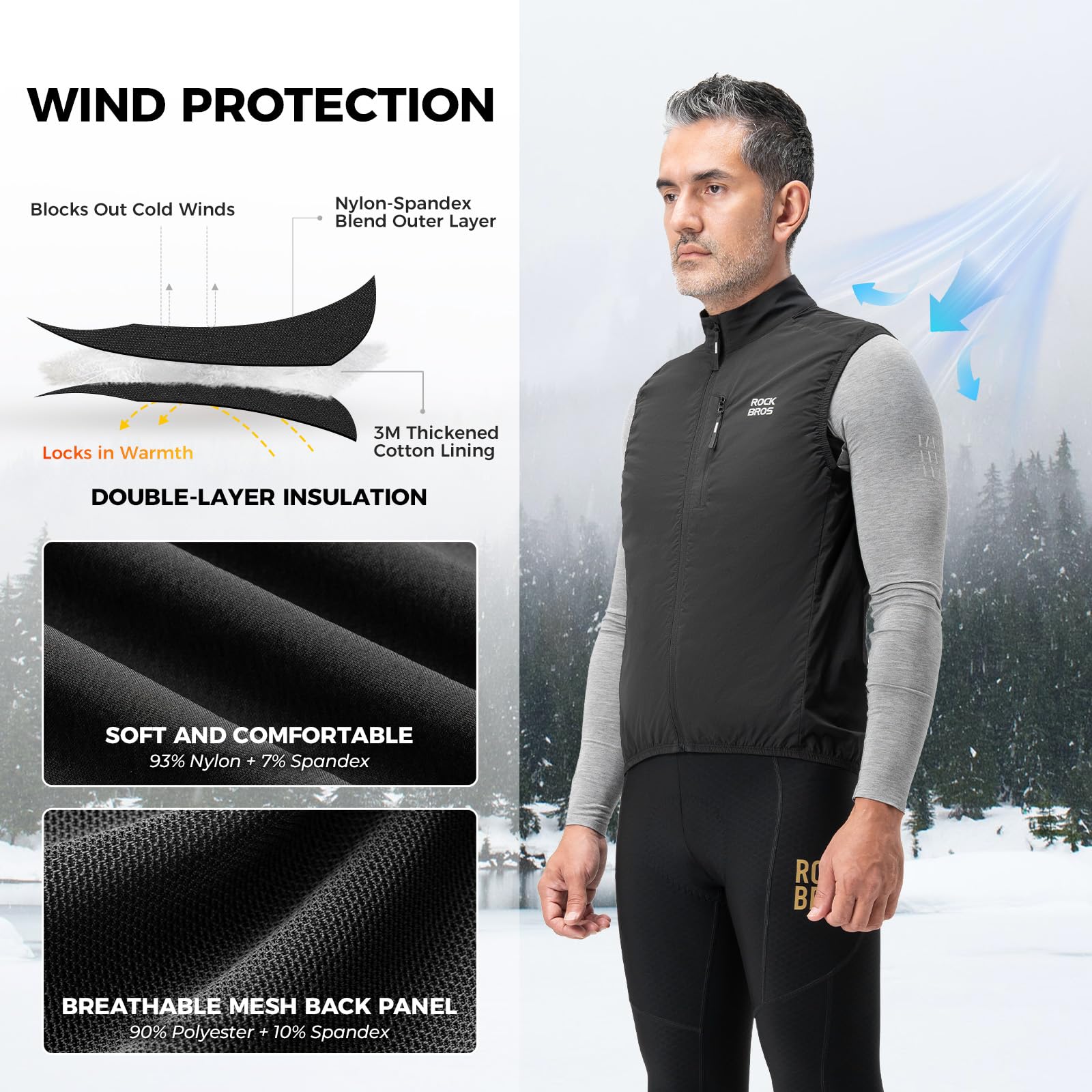 ROCKBROS Gilet Cyclisme Homme, Gilet Sans Manches Ultraléger avec Isolation Thermique 3M, Coupe-Vent Respirant Compact avec Détails Réfléchissants pour Route et VTT, Noir M-4XL