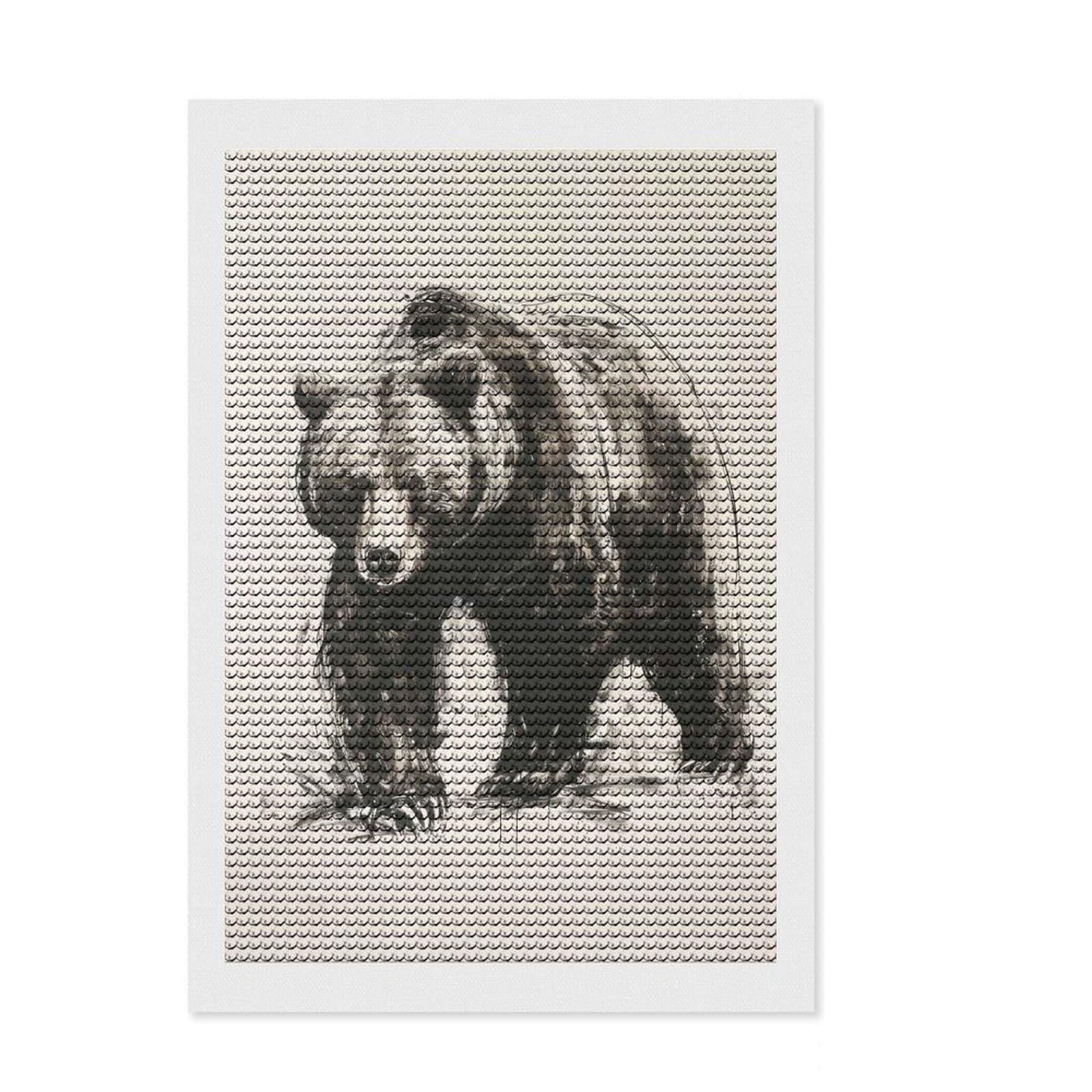 Junmoney Bear in Charcoal Sketch Diamond Painting Kit 8"x12", Mindful Craft Activity, Neat Printed Canvas, Modern Decor, Gift Idea, Adhesive Canvas