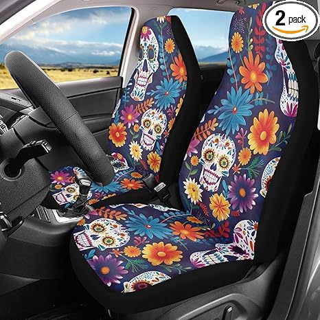 Sugar Skull Flower Print 2 Pcs Car Front Seat Covers Washable Driver Seat Cover with Backrest Scratch-Resistant Car Seat Protector Automotive Interior Accessories