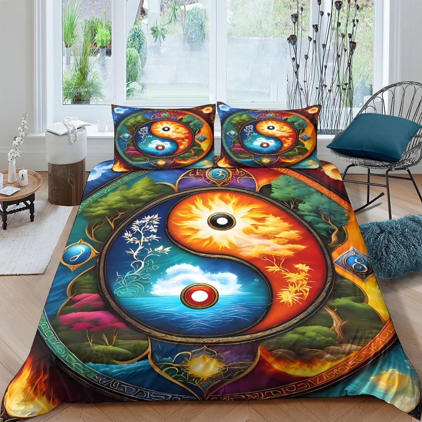 GPLZQXKJNH 3D Printed Yin Yang Sun Moon Duvet Cover Set Microfiber Soft Breathable Colorful Mandala Bedding with 2 Pillowcases for Bedroom Decor Single（135x200cm）