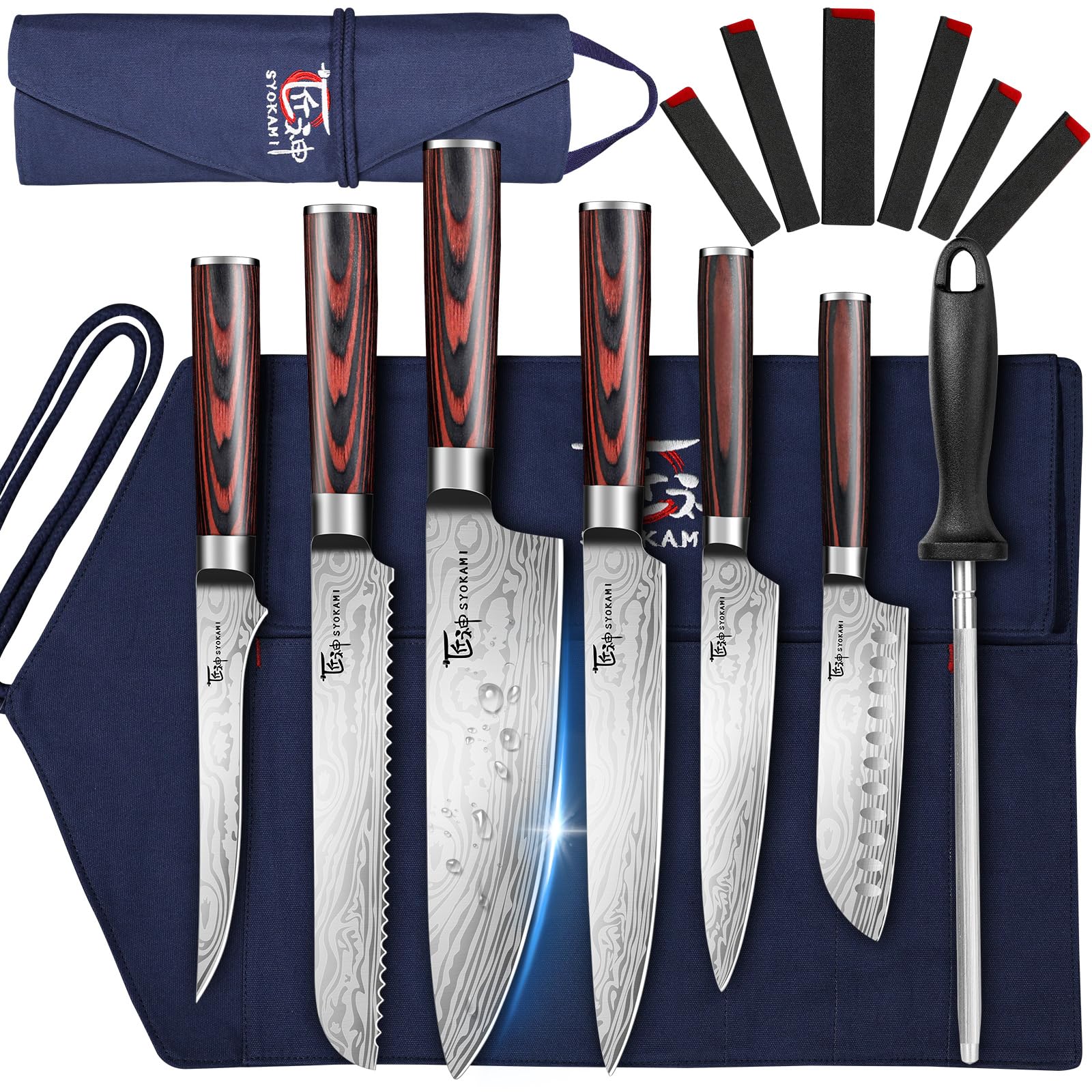 14pcs Chef Knife Set with Roll Bag, Professional Stainless Steel Japanese Knife Set with Pakkawood Handle for Professional Chef, Camping, Travel, BBQ, RV or Gift Blue